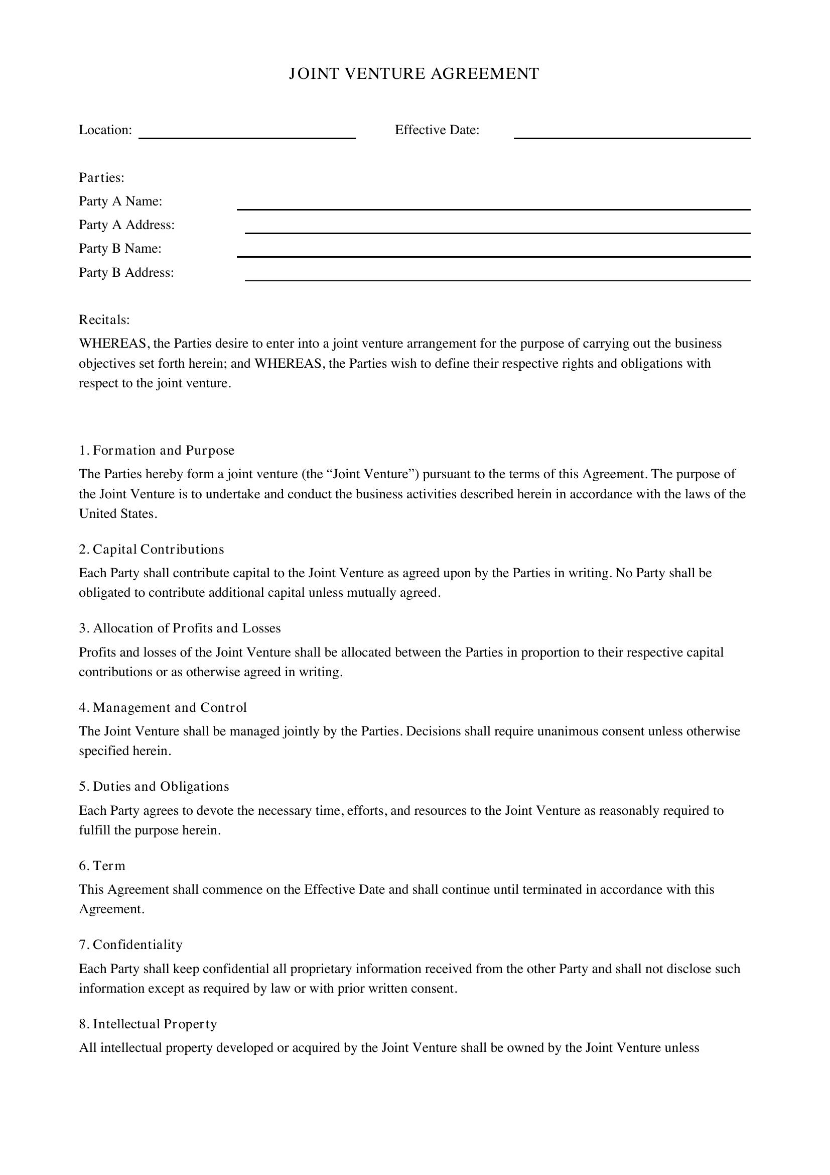 Joint Venture Agreement Template