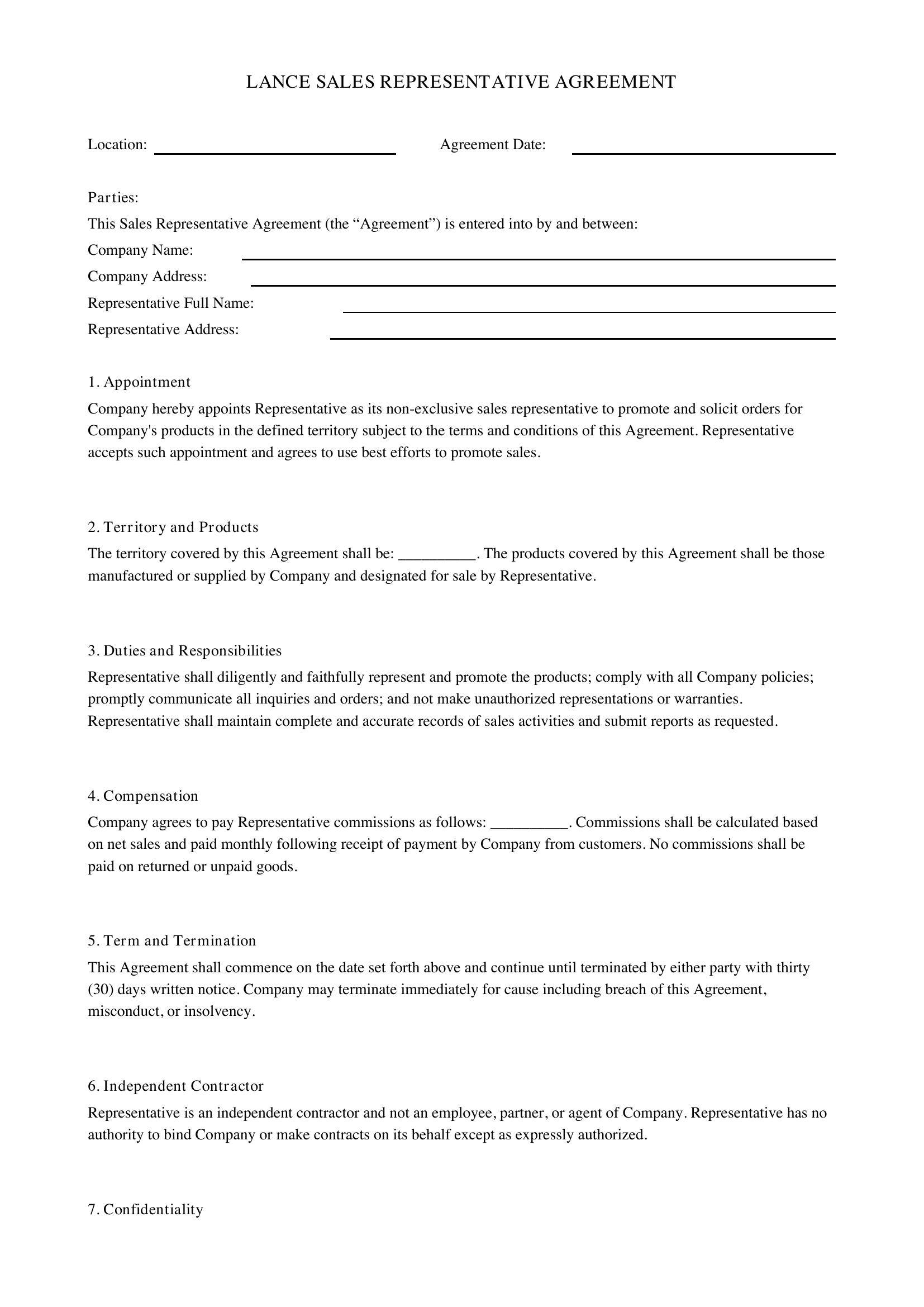 Lance Sales Rep Contract Template