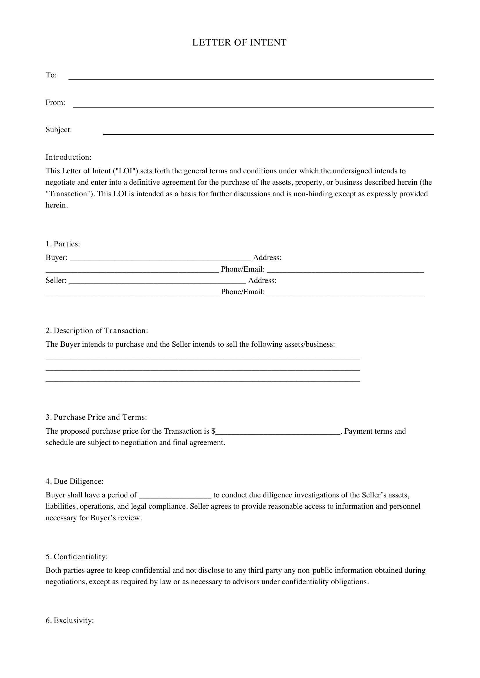 Letter Of Intent Template