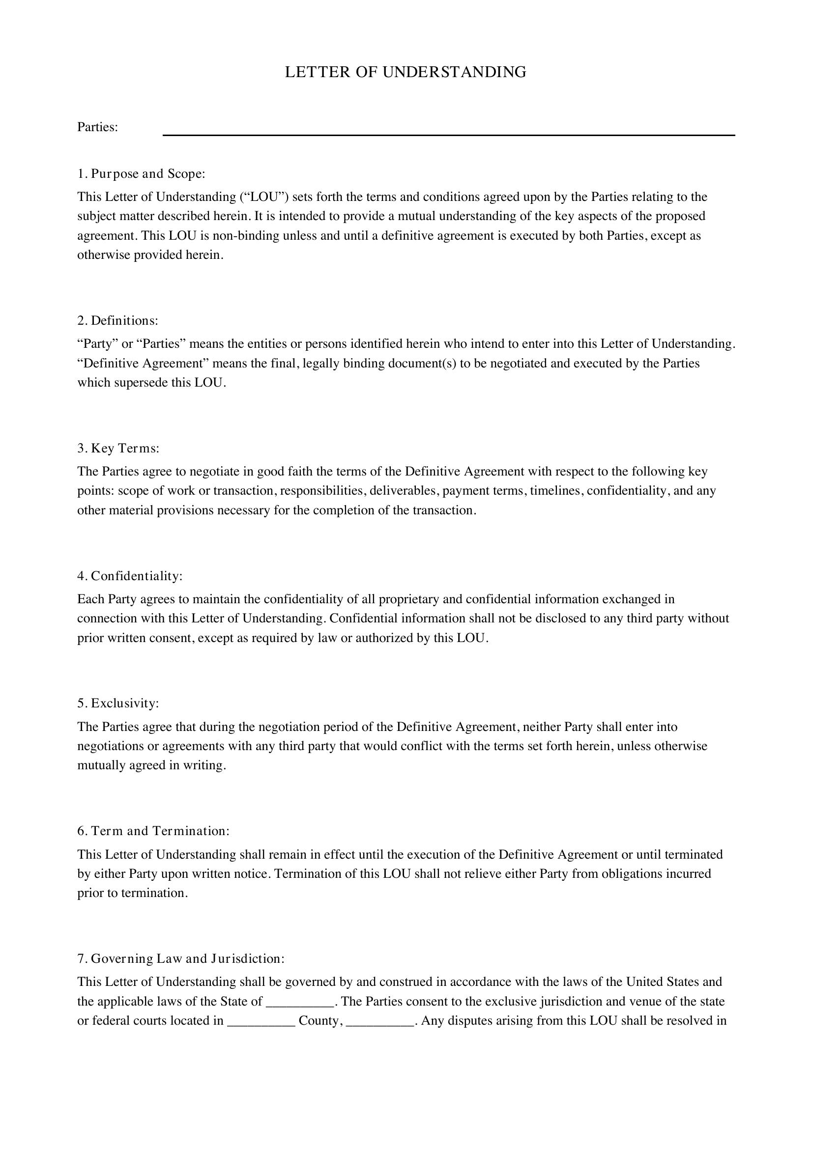 Letter Of Understanding Template