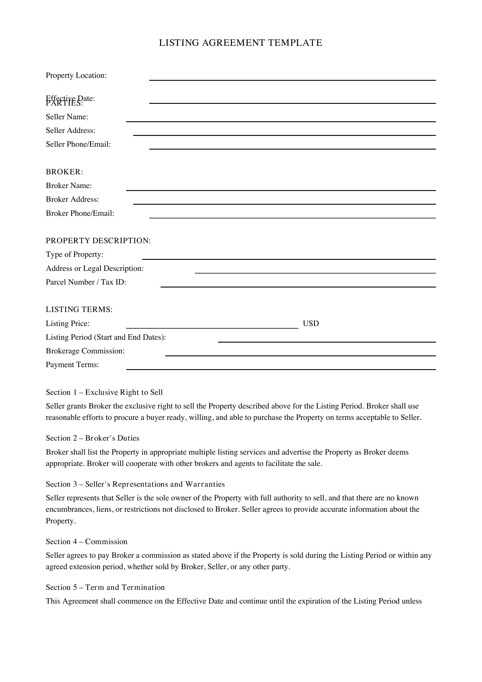Listing Agreement Template
