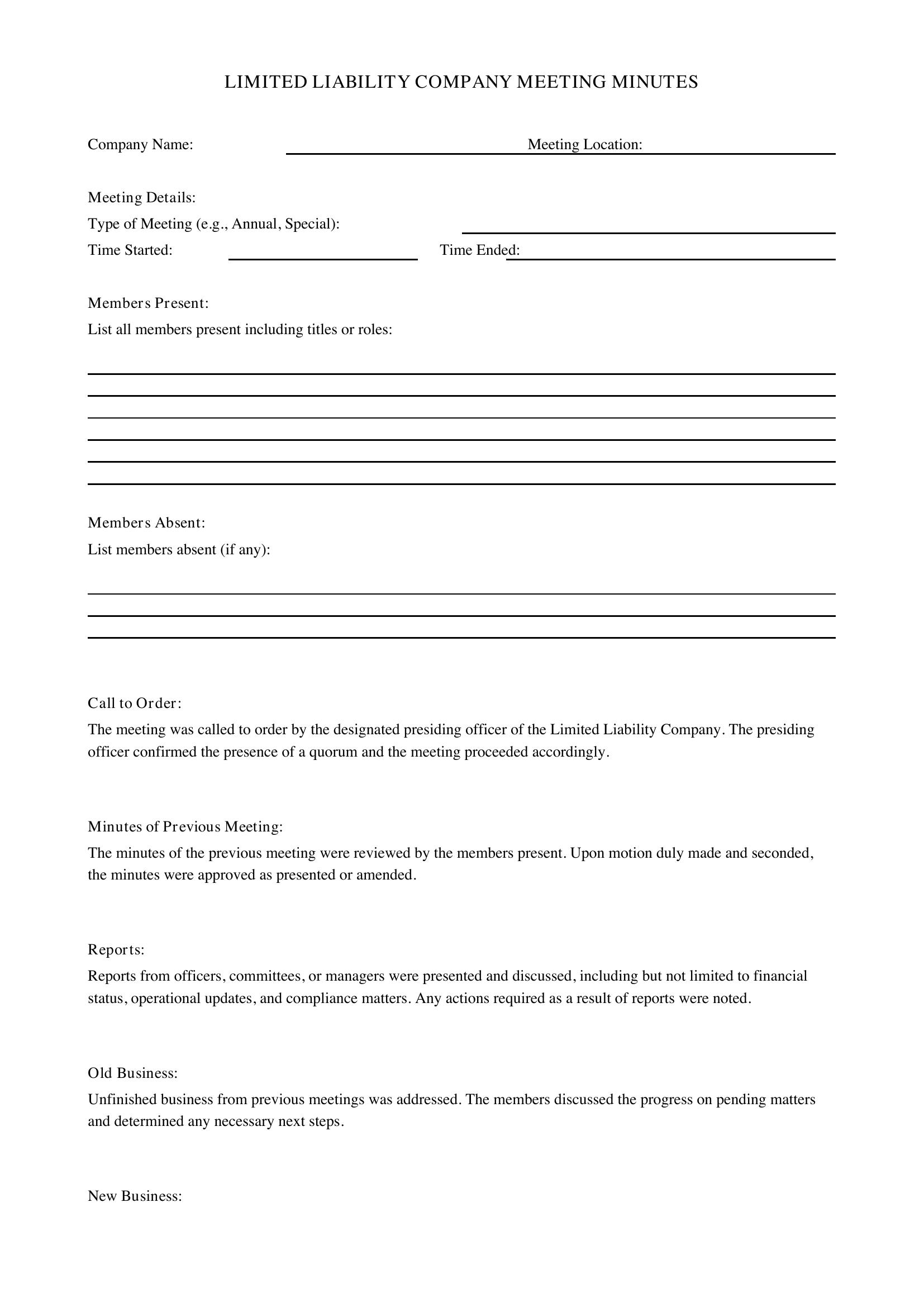 Llc Meeting Minutes Template