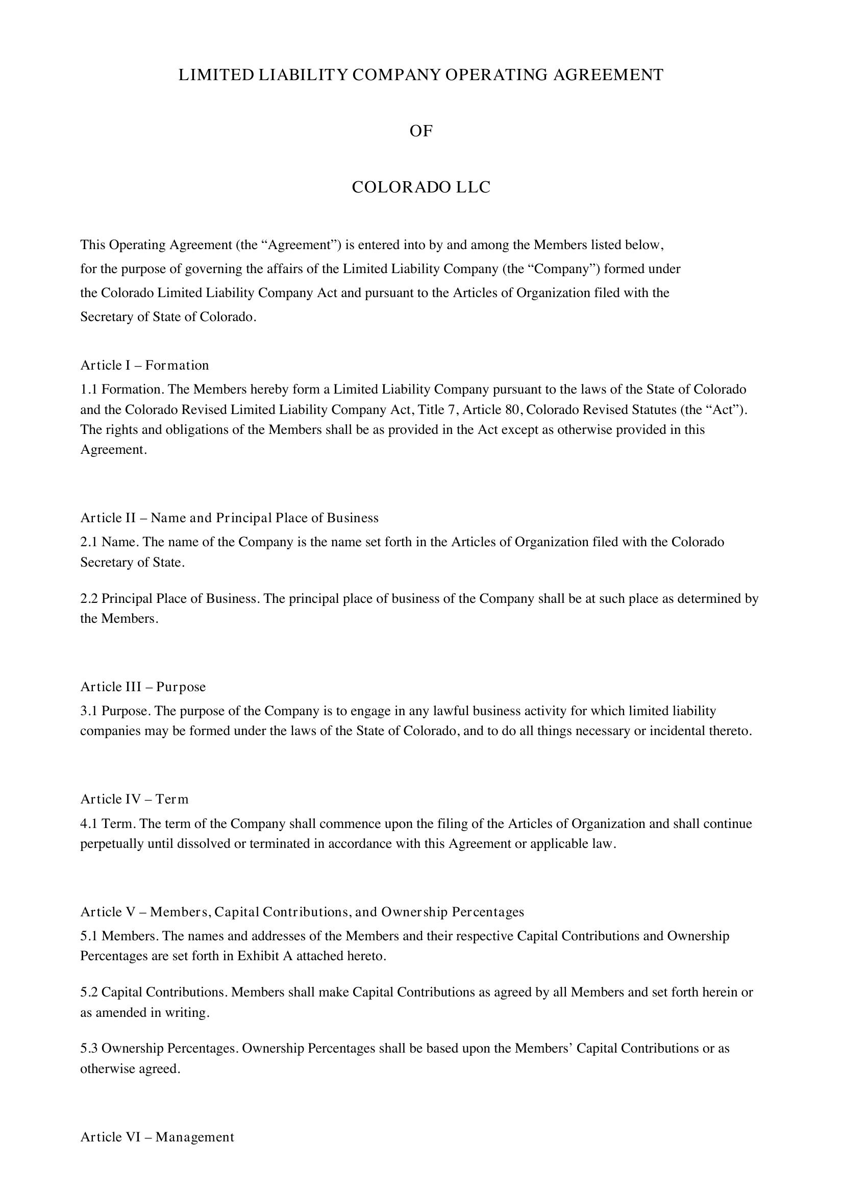 Llc Operating Agreement Colorado Template