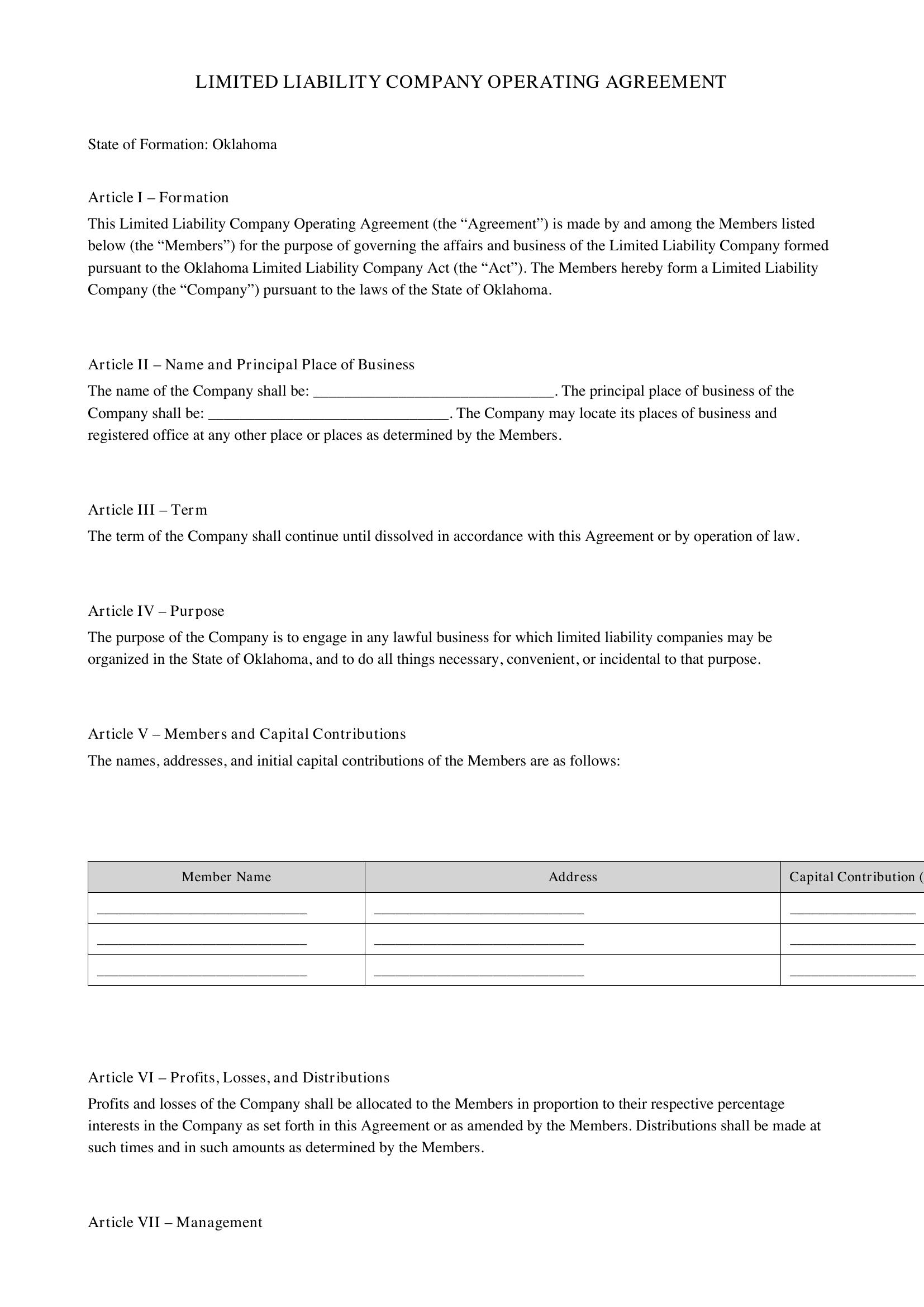 Llc Operating Agreement Oklahoma Template