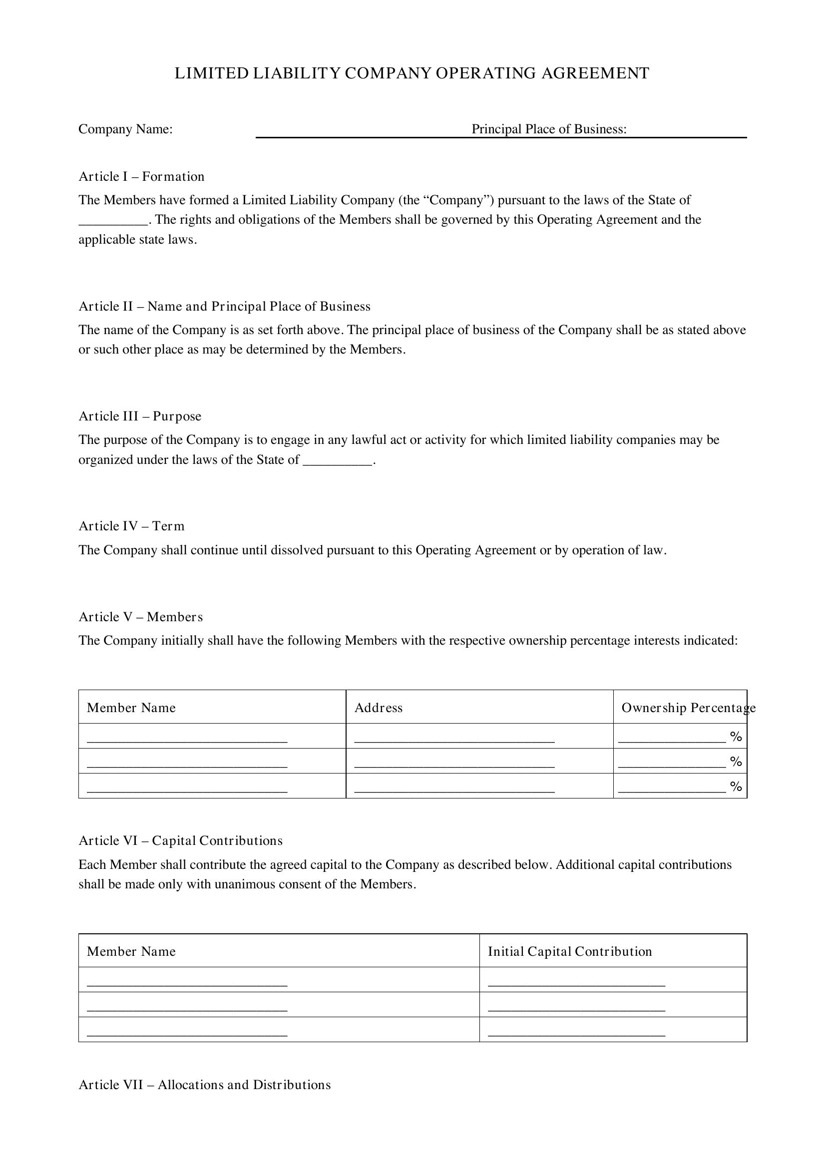 Llc Operating Agreement Template