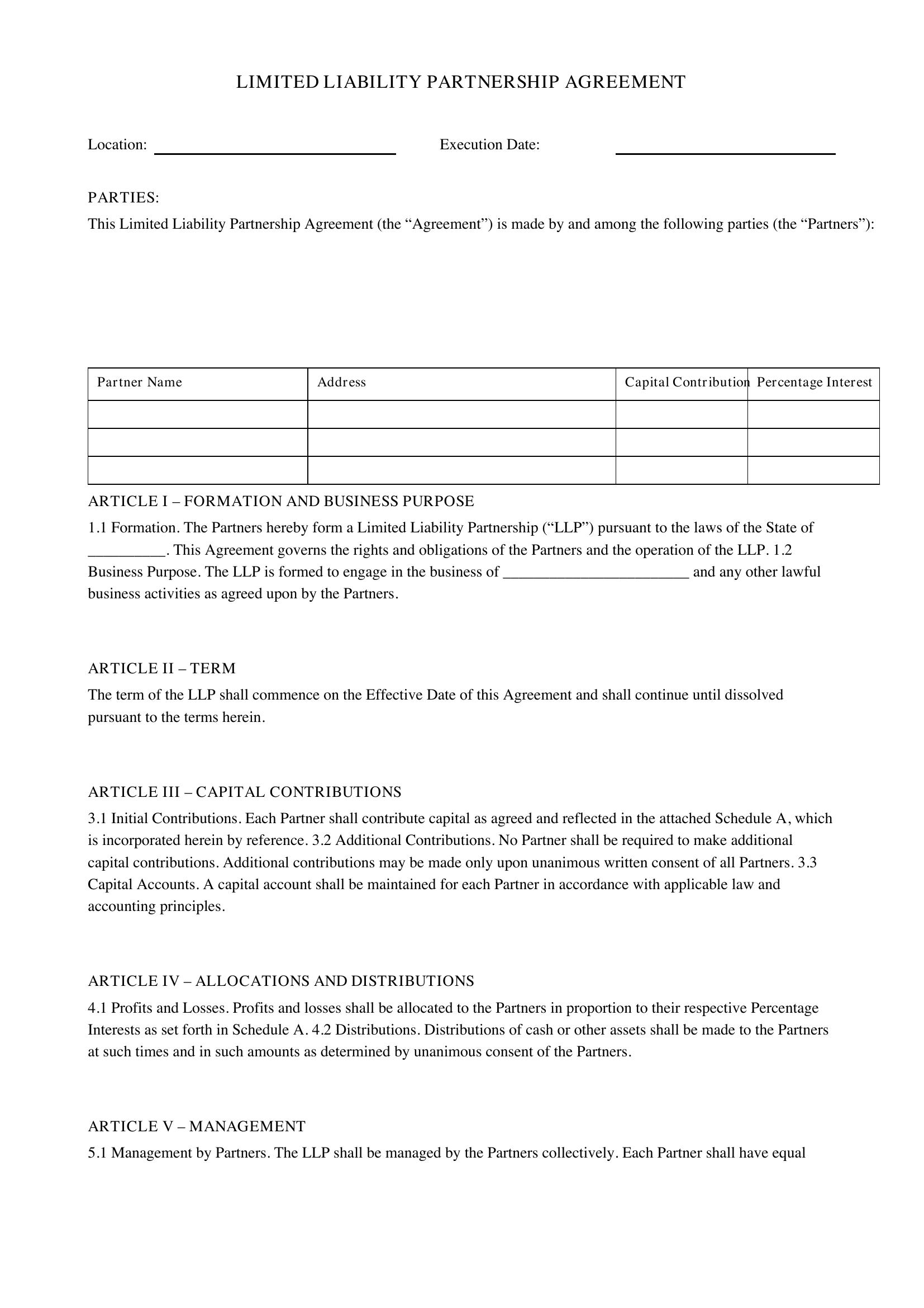 Llp Agreement Template