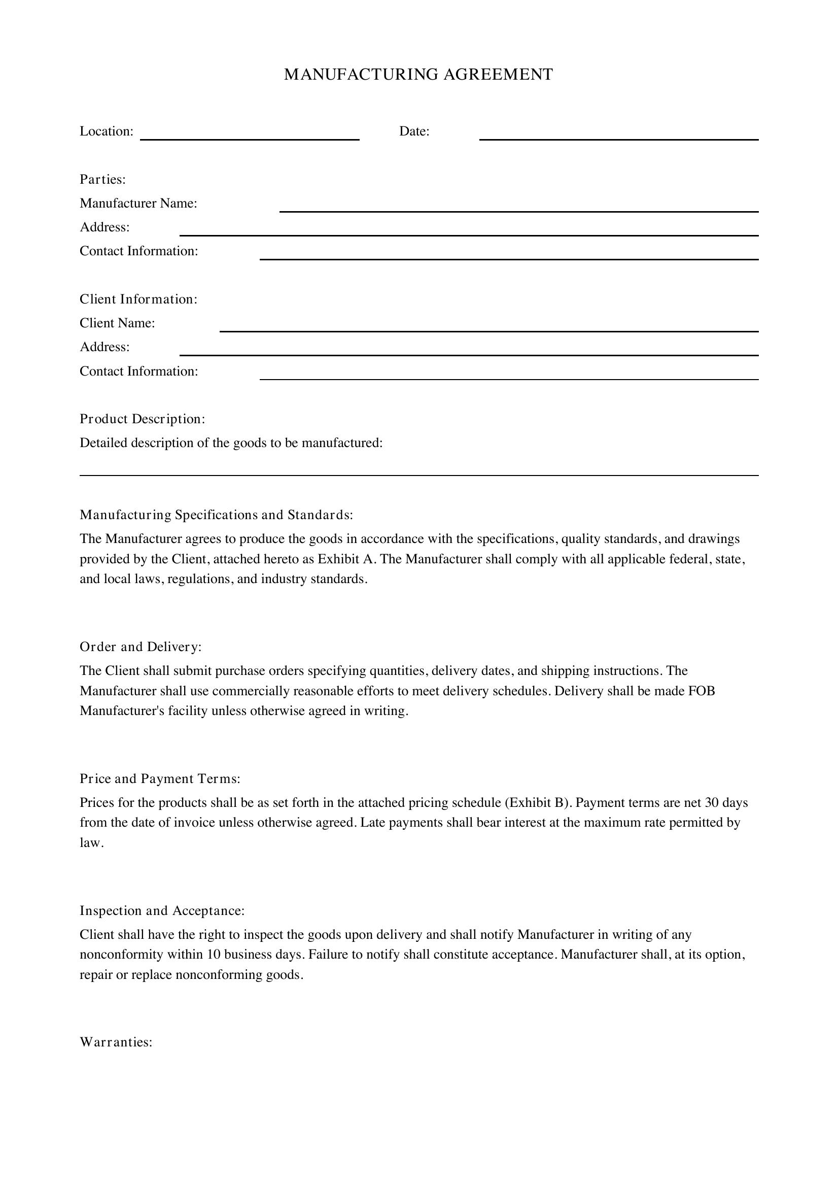 Manufacturing Agreement Template