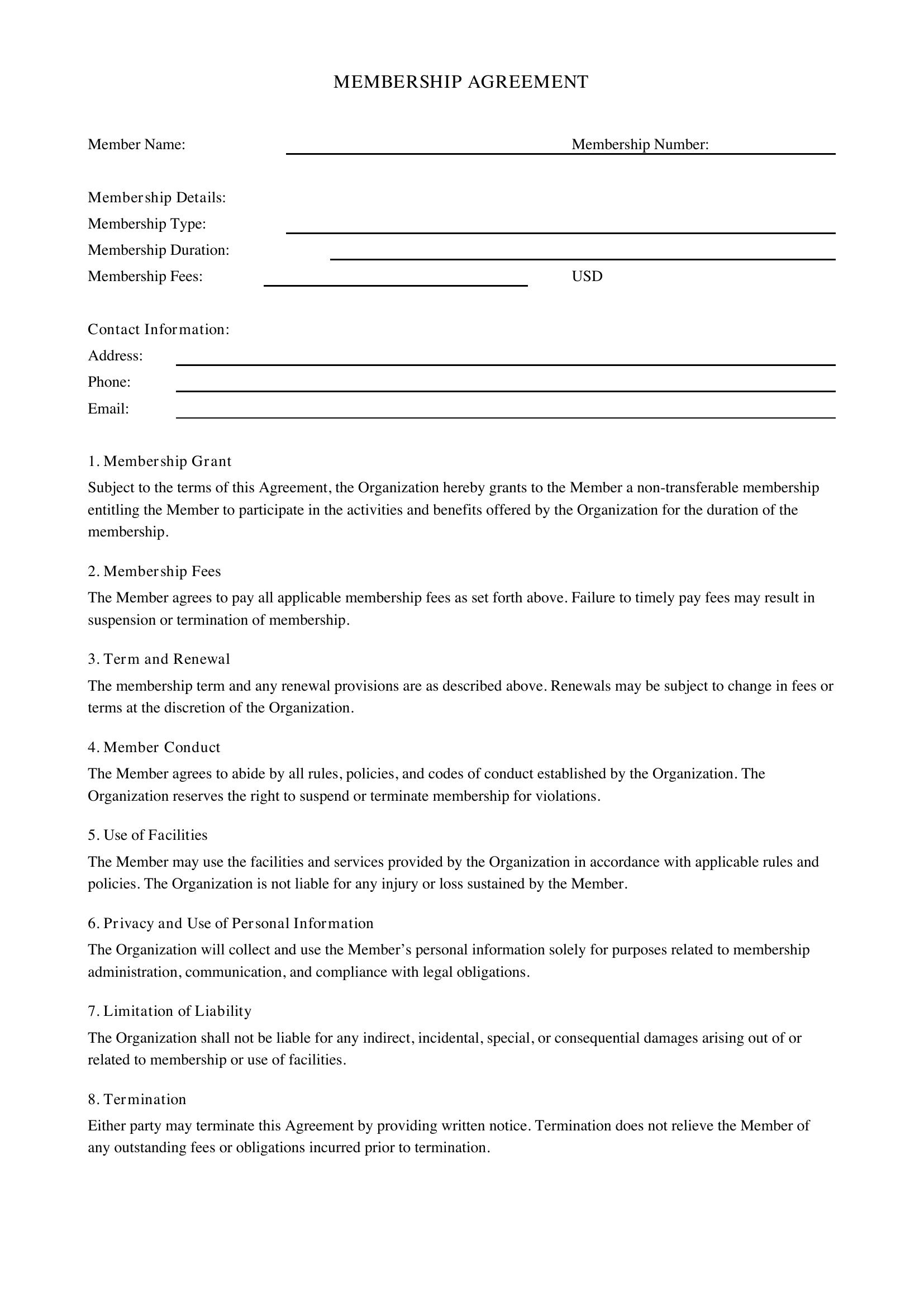 Membership Agreement Template