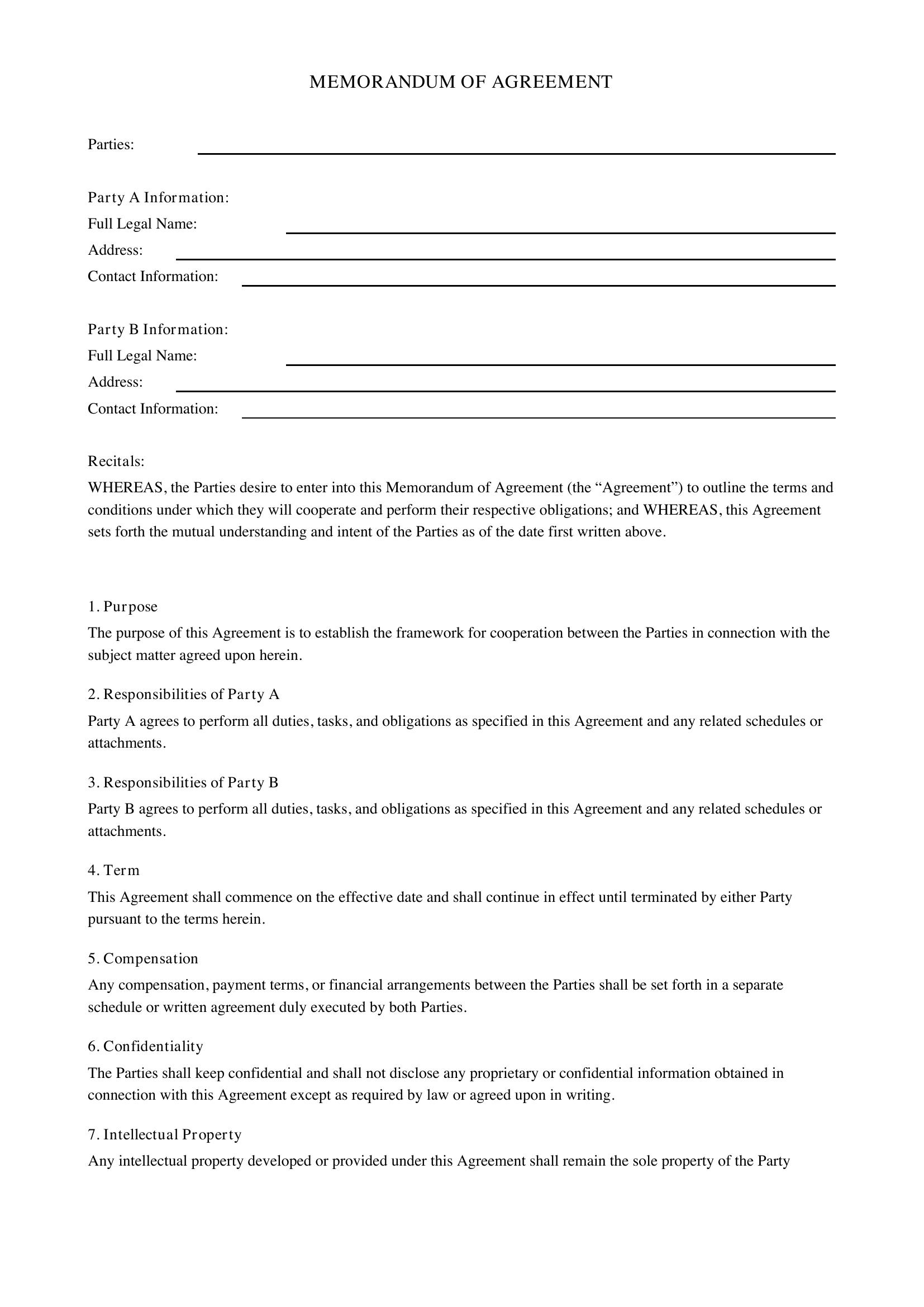 Memorandum Of Agreement Template