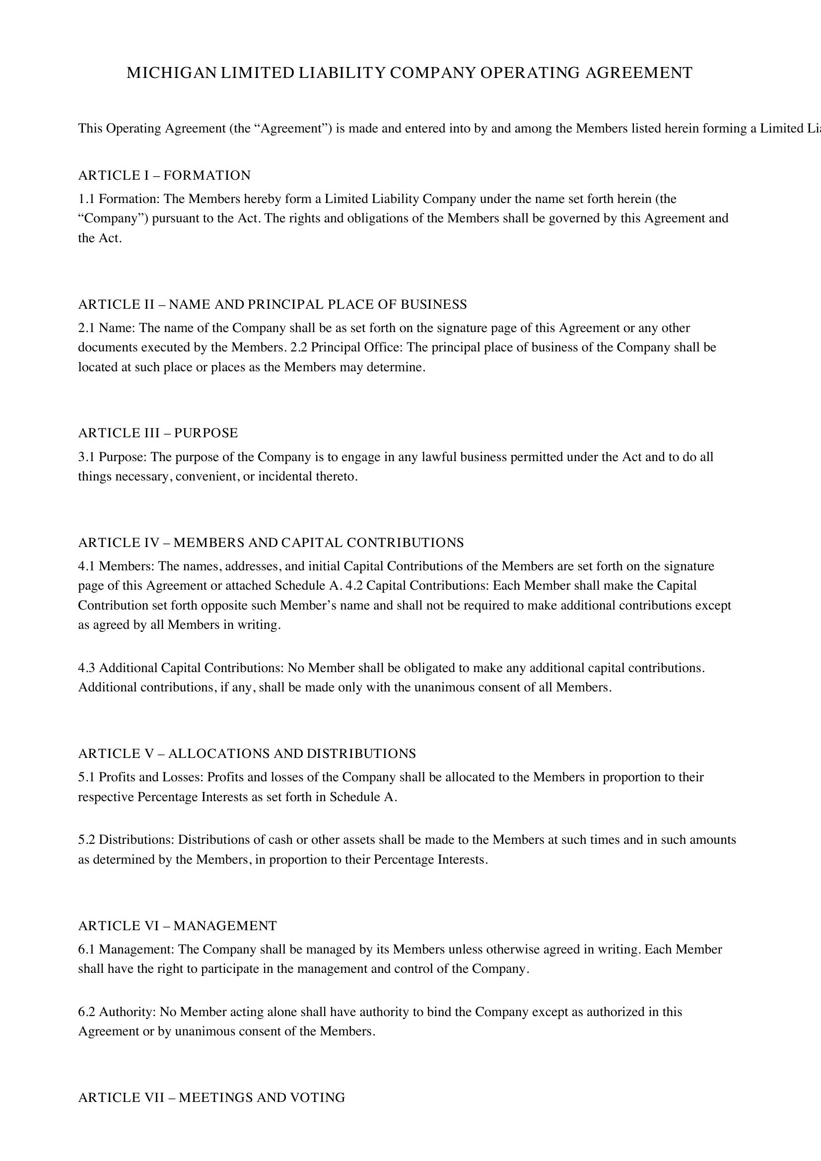 Michigan Llc Operating Agreement Template