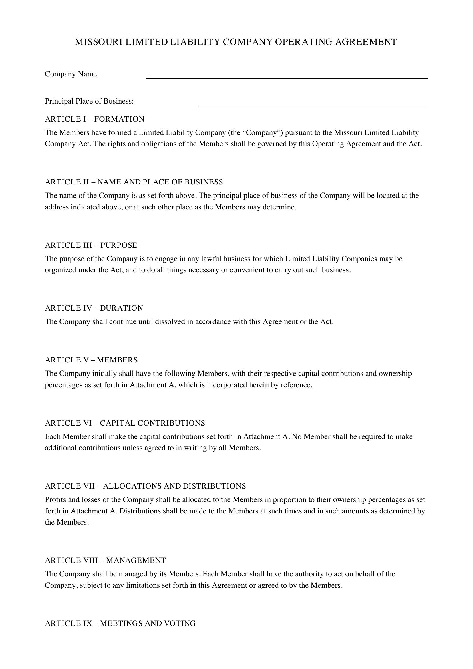 Missouri Operating Agreement Template