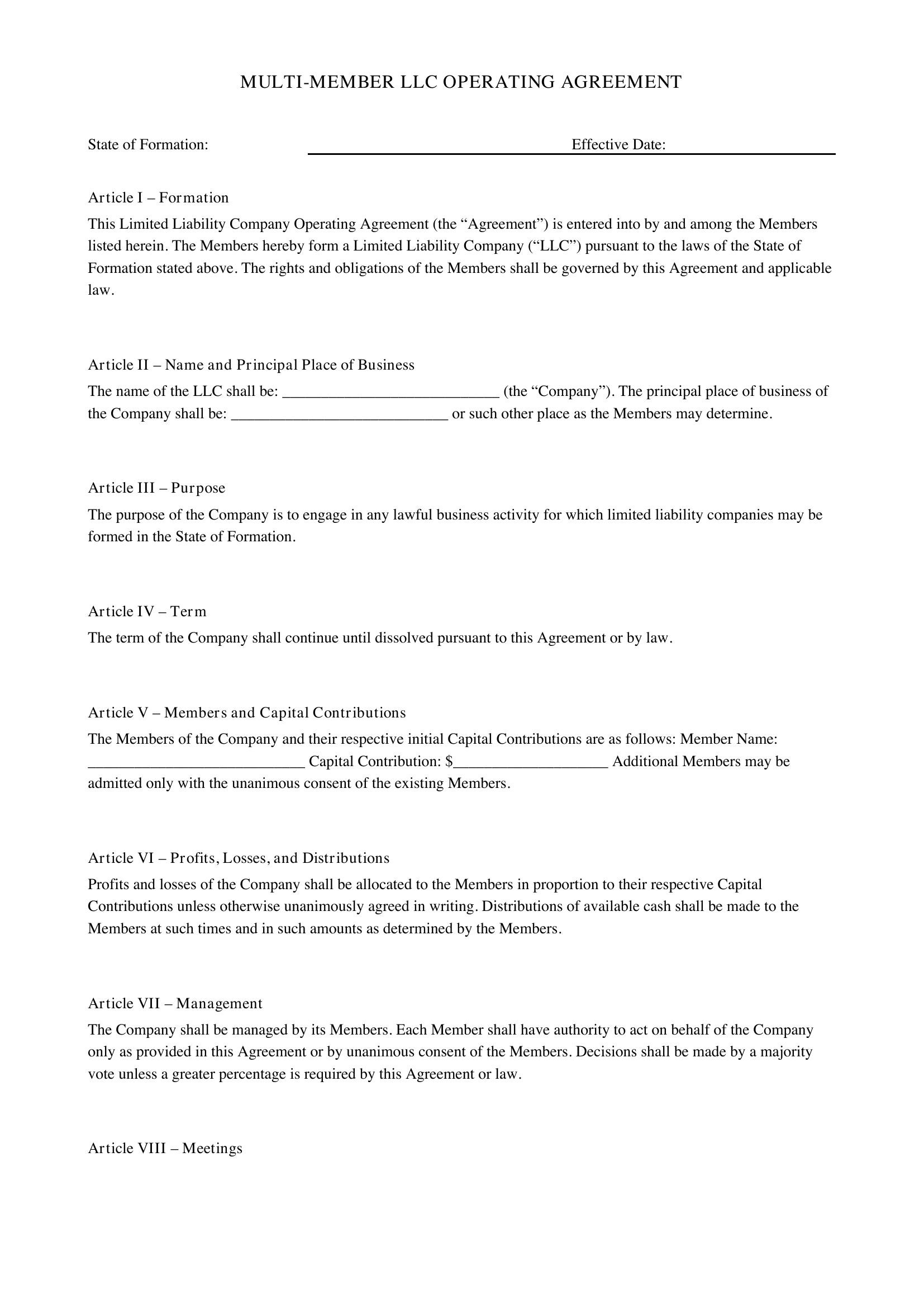 Multi Member Llc Operating Agreement Template