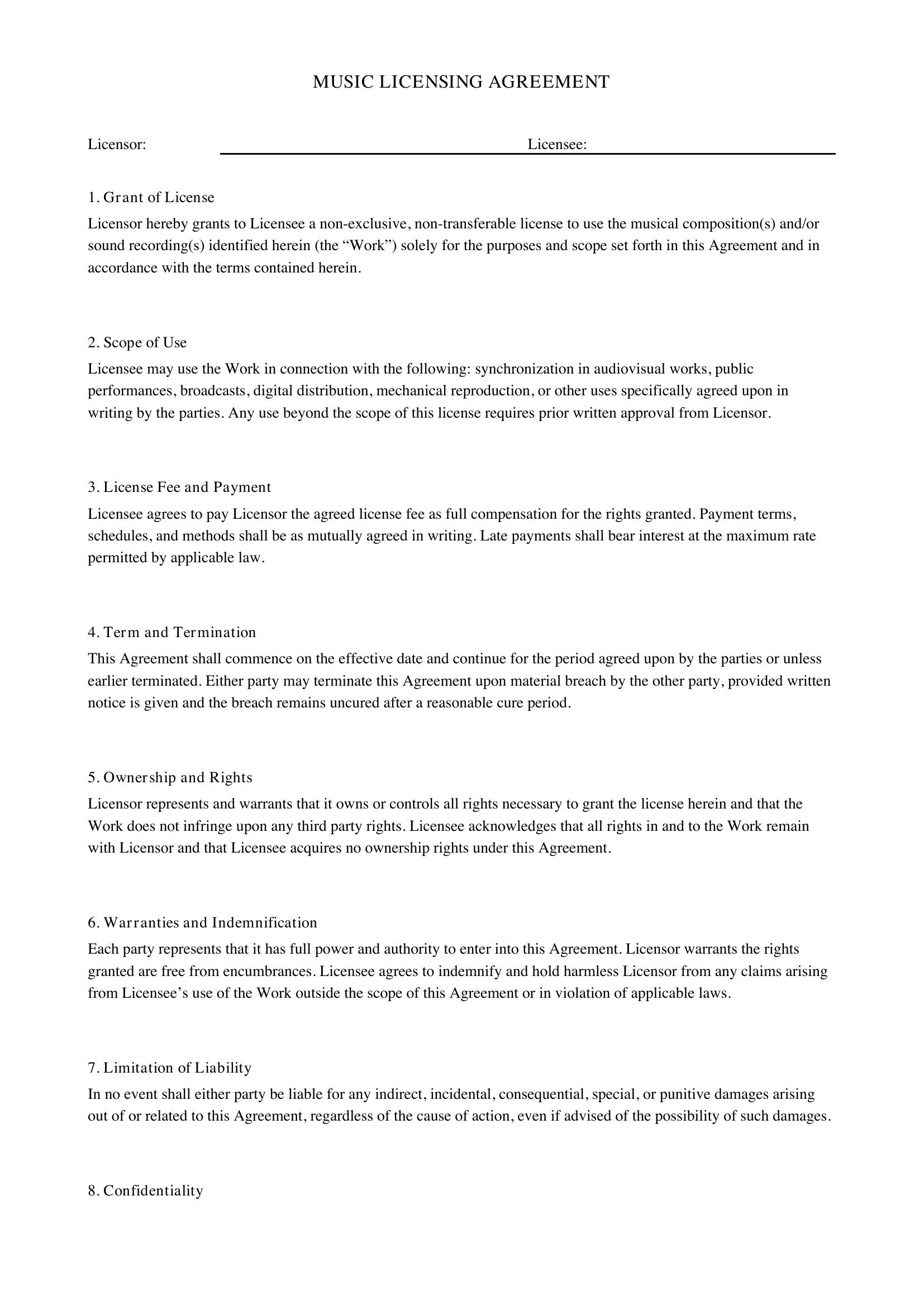 Music Licensing Agreement Template