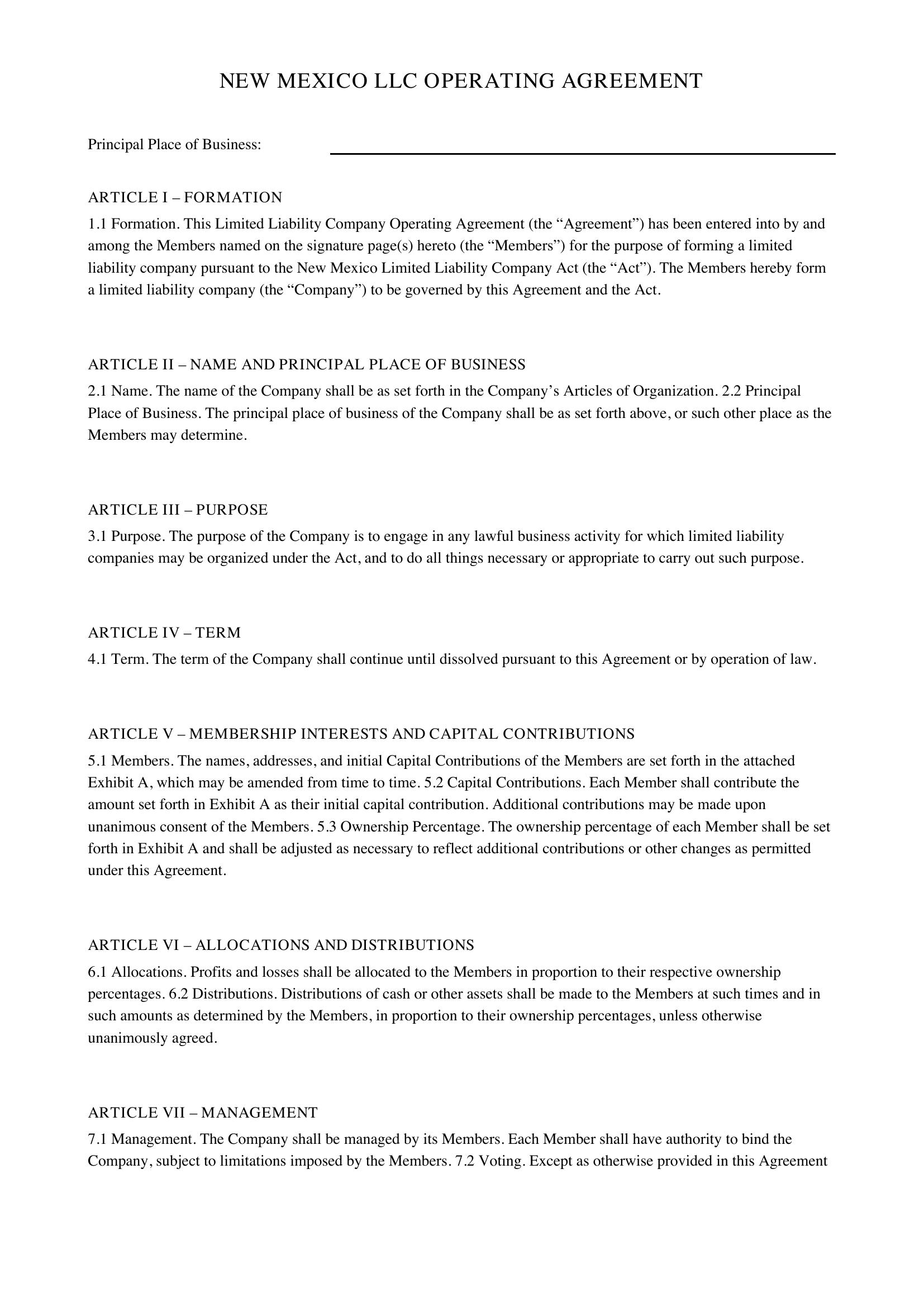 New Mexico Llc Operating Agreement Template