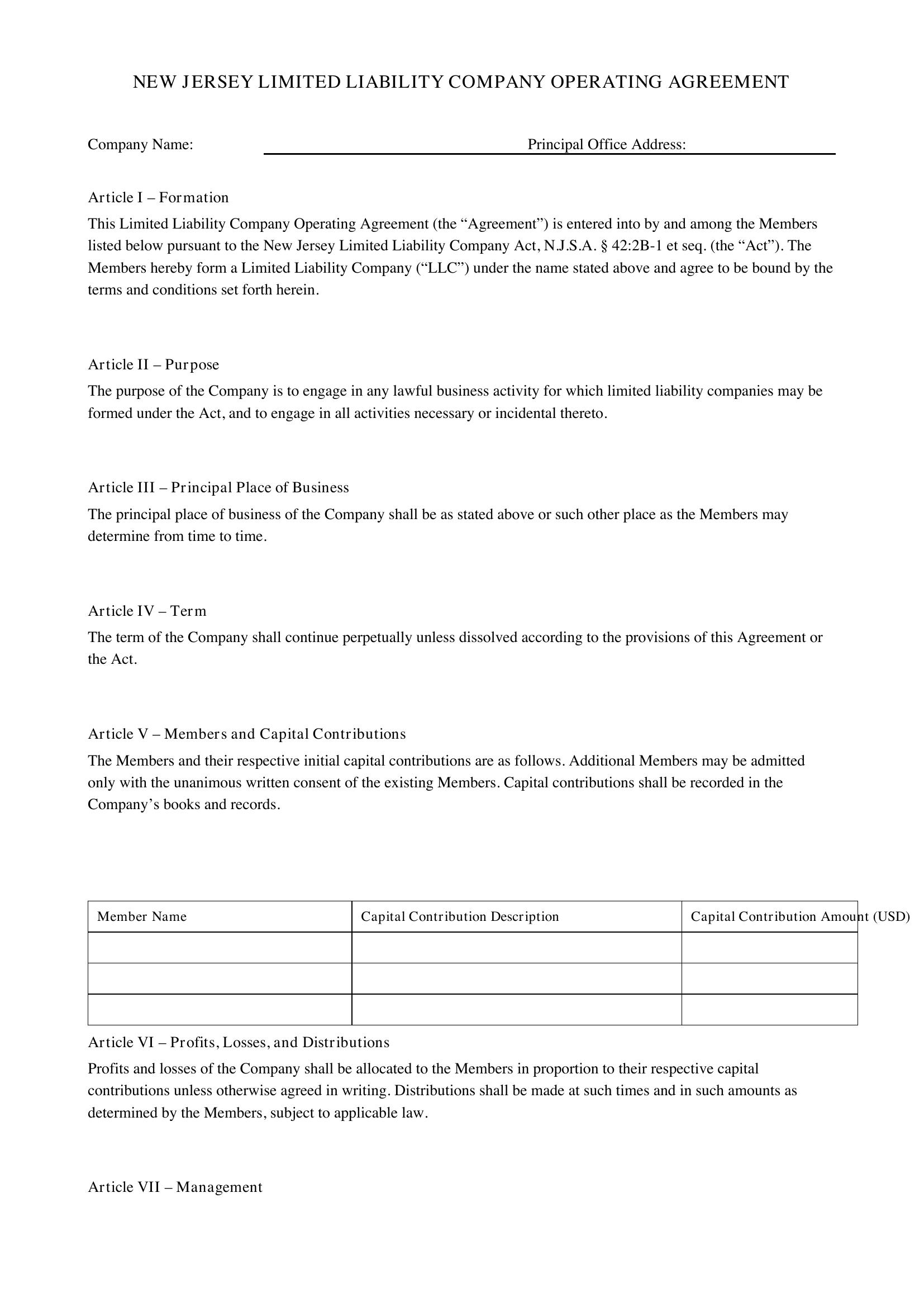 Nj Operating Agreement Template