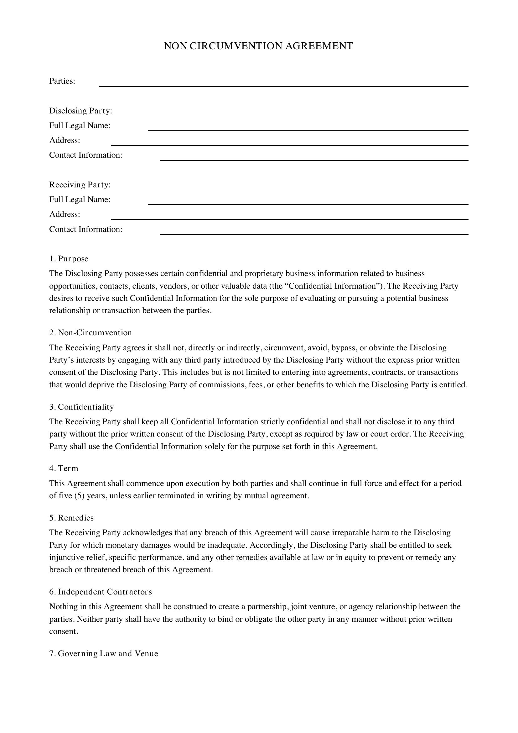 Non Circumvention Agreement Template