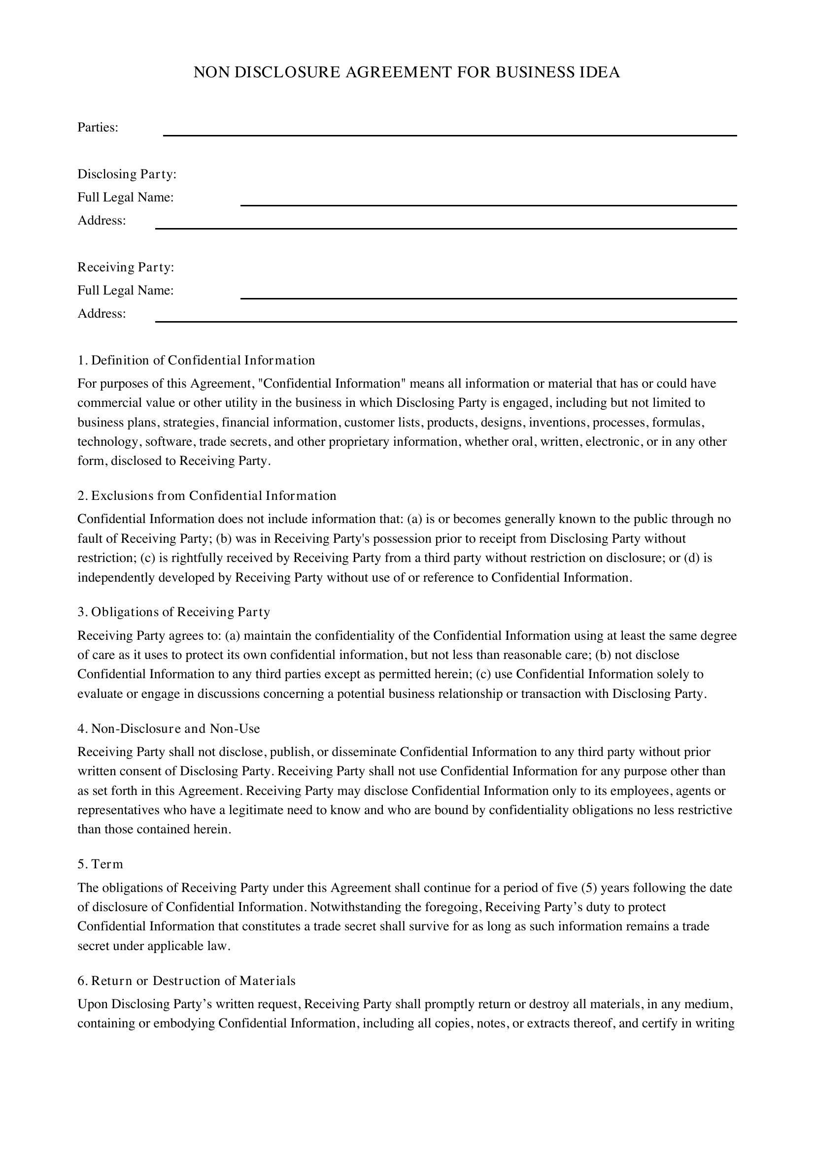 Non Disclosure Agreement For Business Idea Template