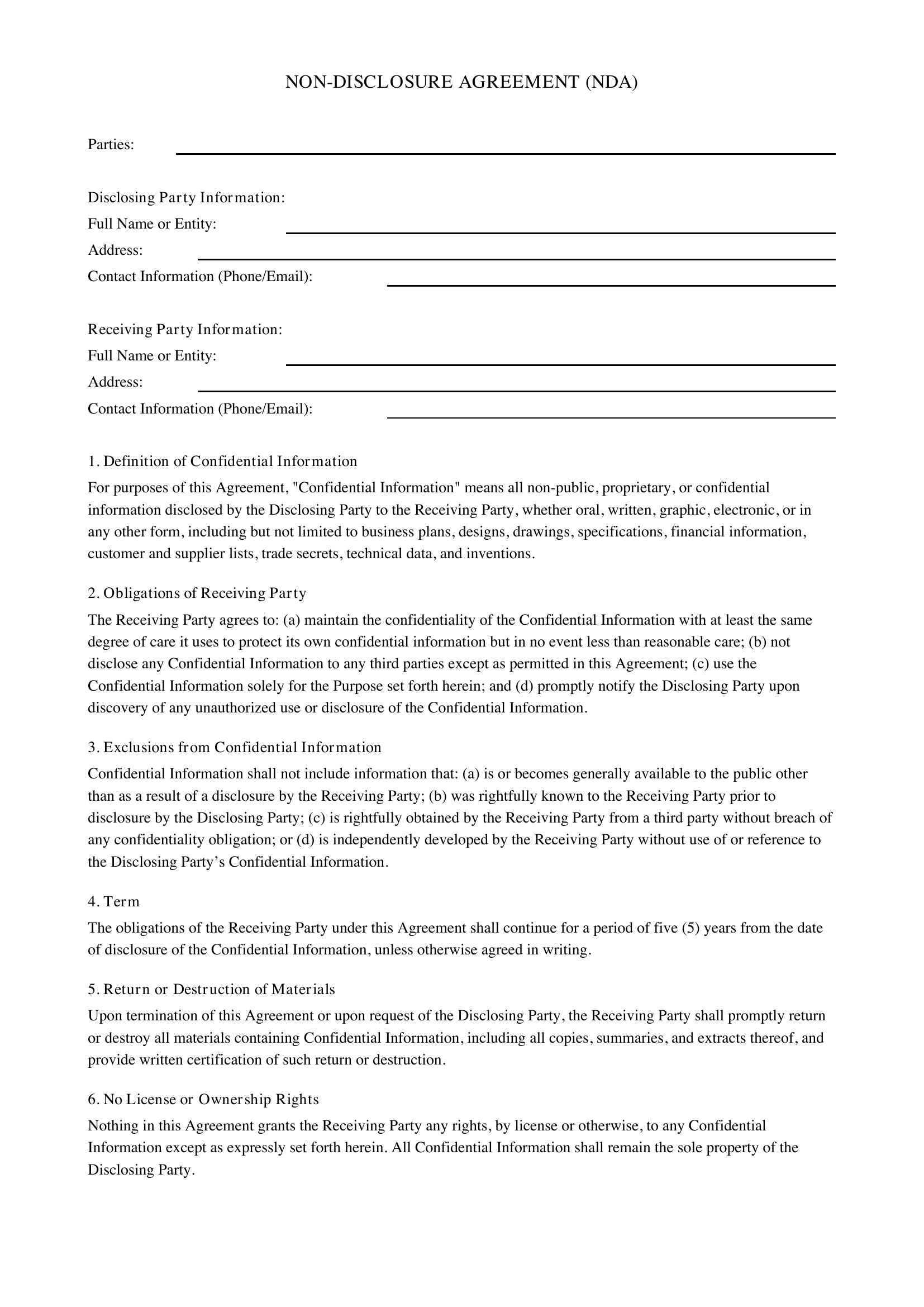 Non Disclosure Agreement Template