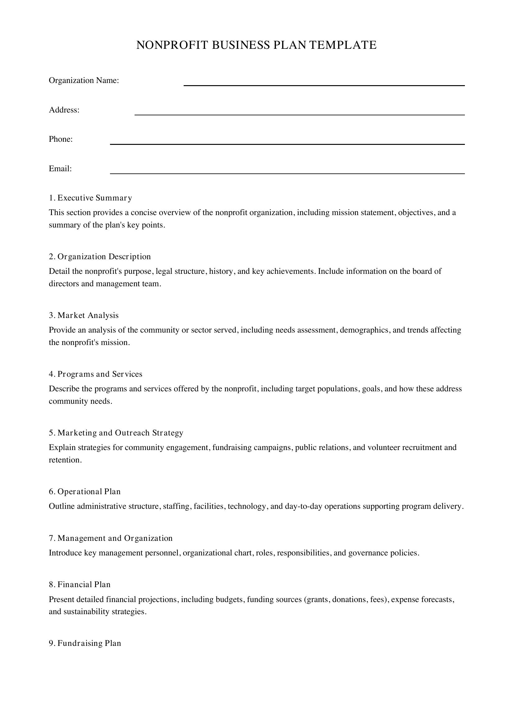 Non Profit Business Plan Template