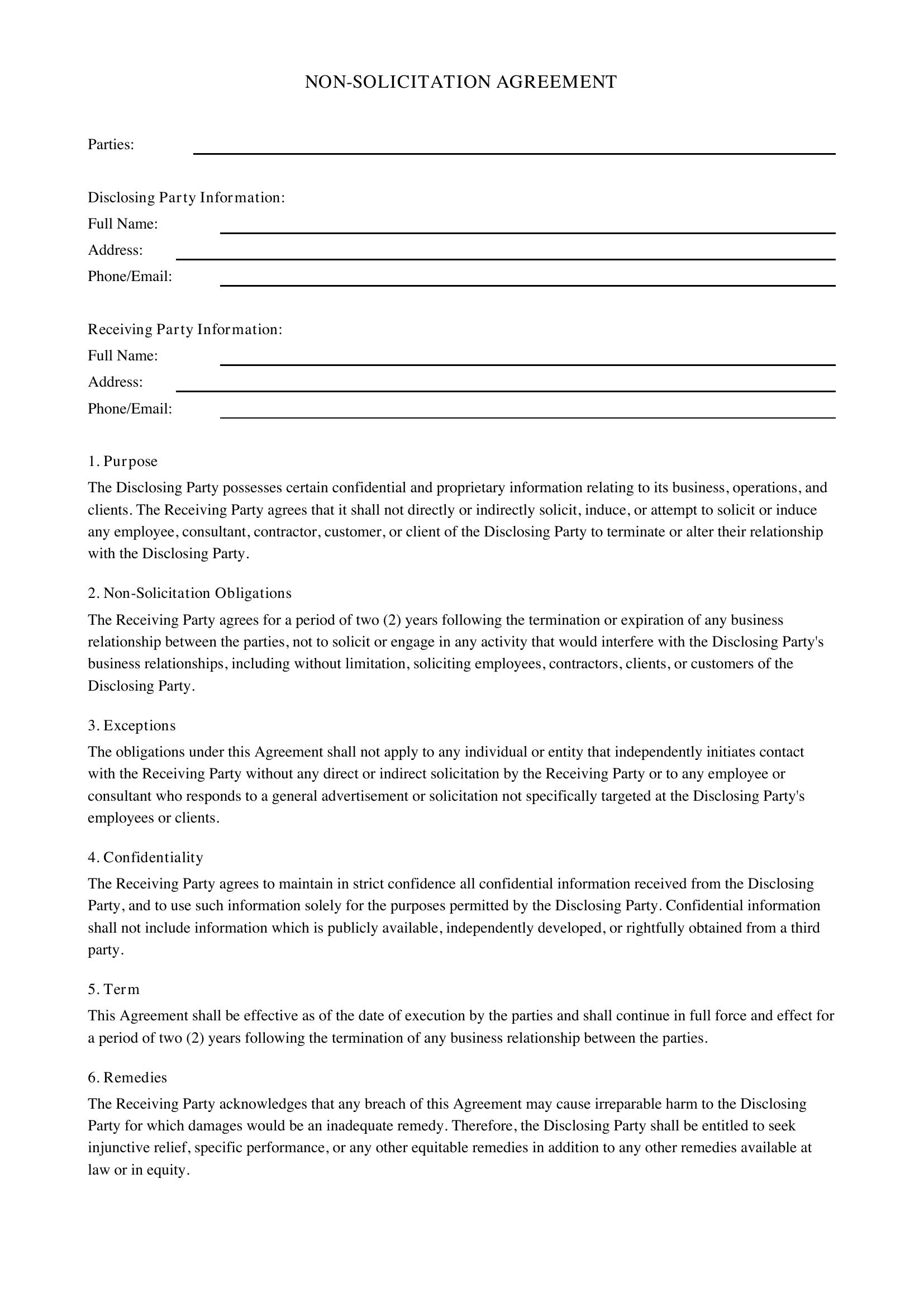 Non Solicitation Agreement Template