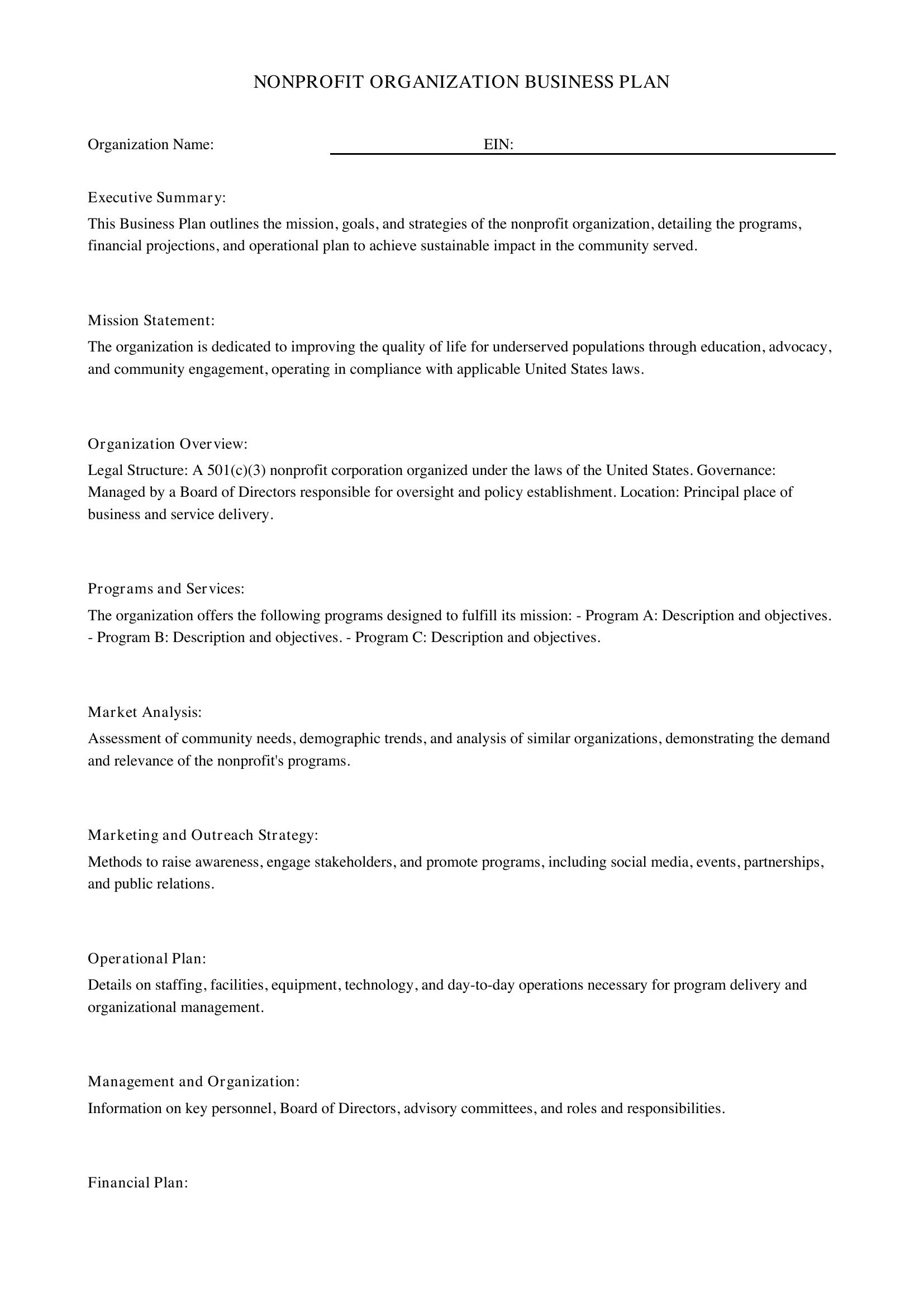 Nonprofit Business Plan Template