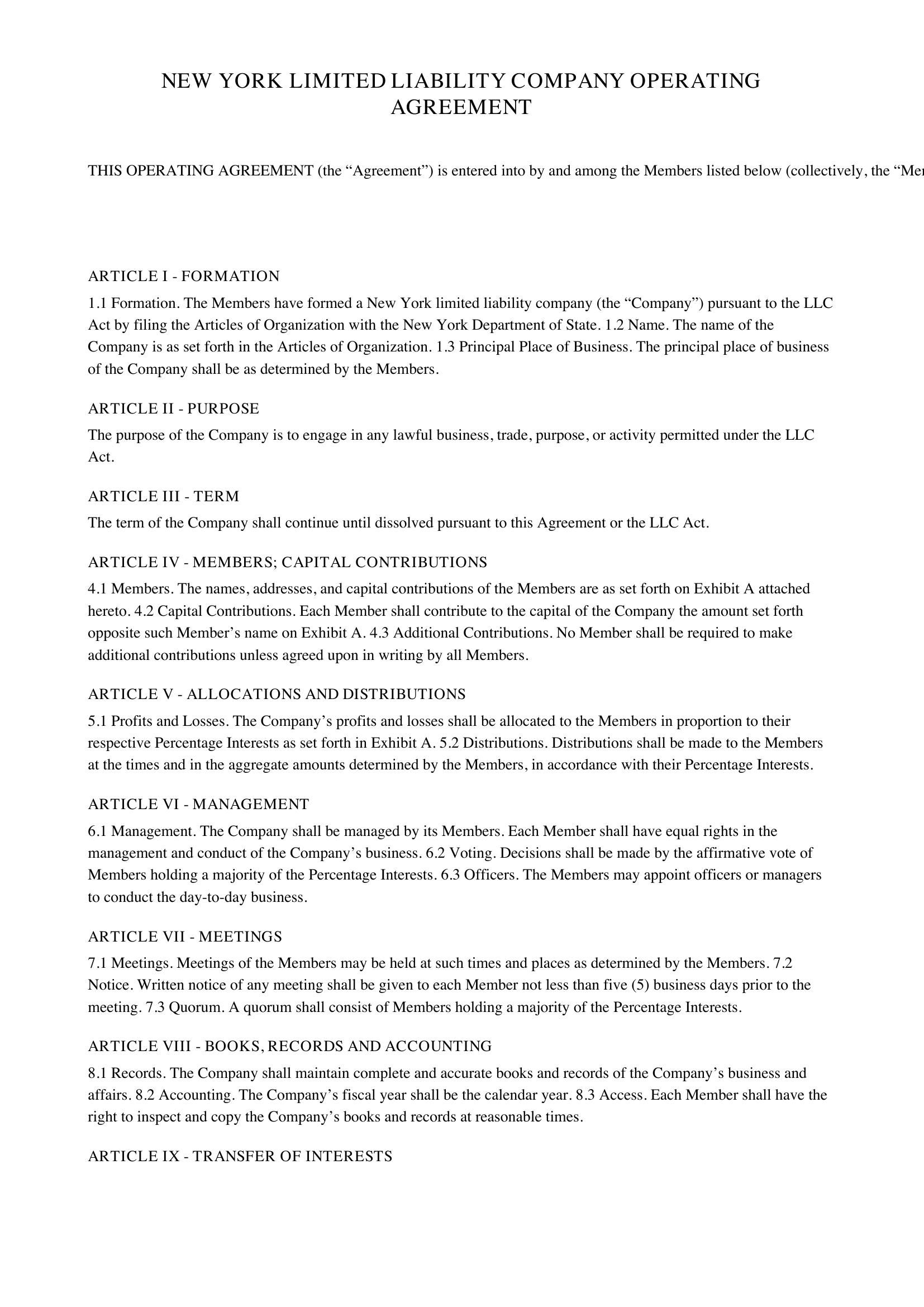 Nys Operating Agreement Template