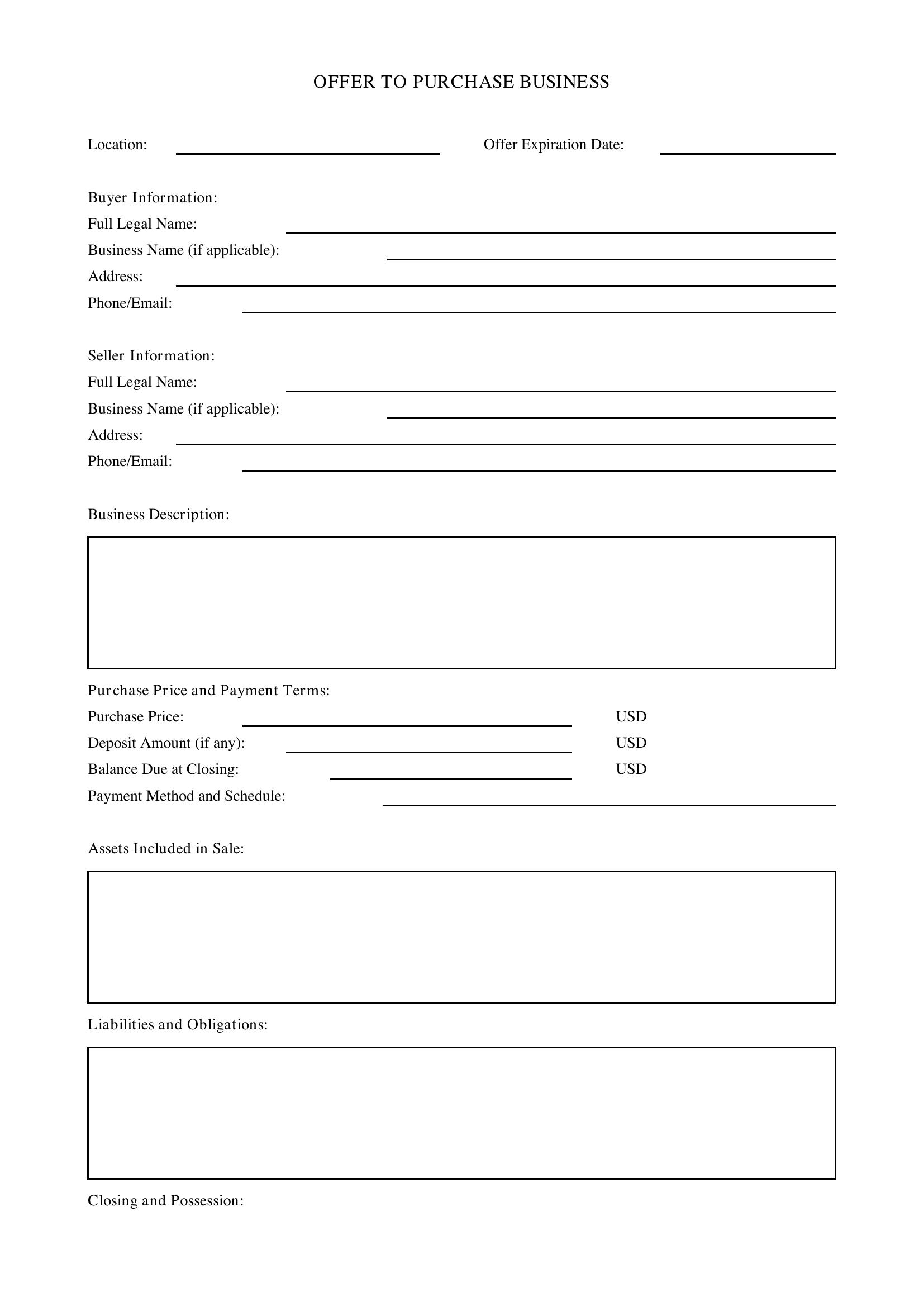 Offer To Purchase Business Template
