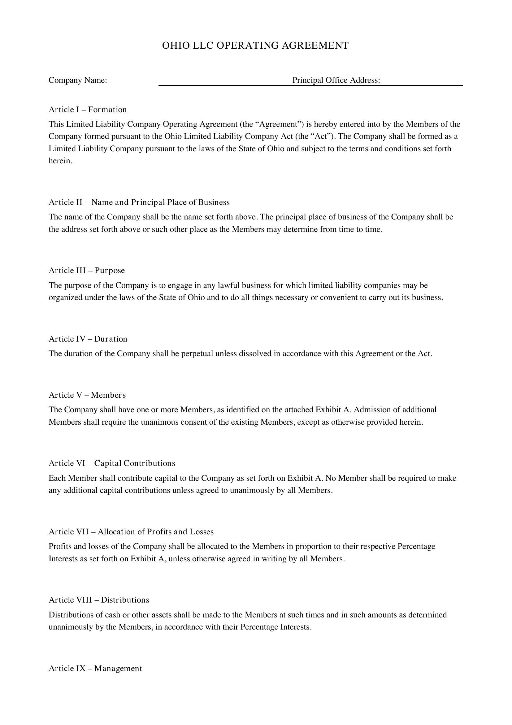 Ohio Llc Operating Agreement Template