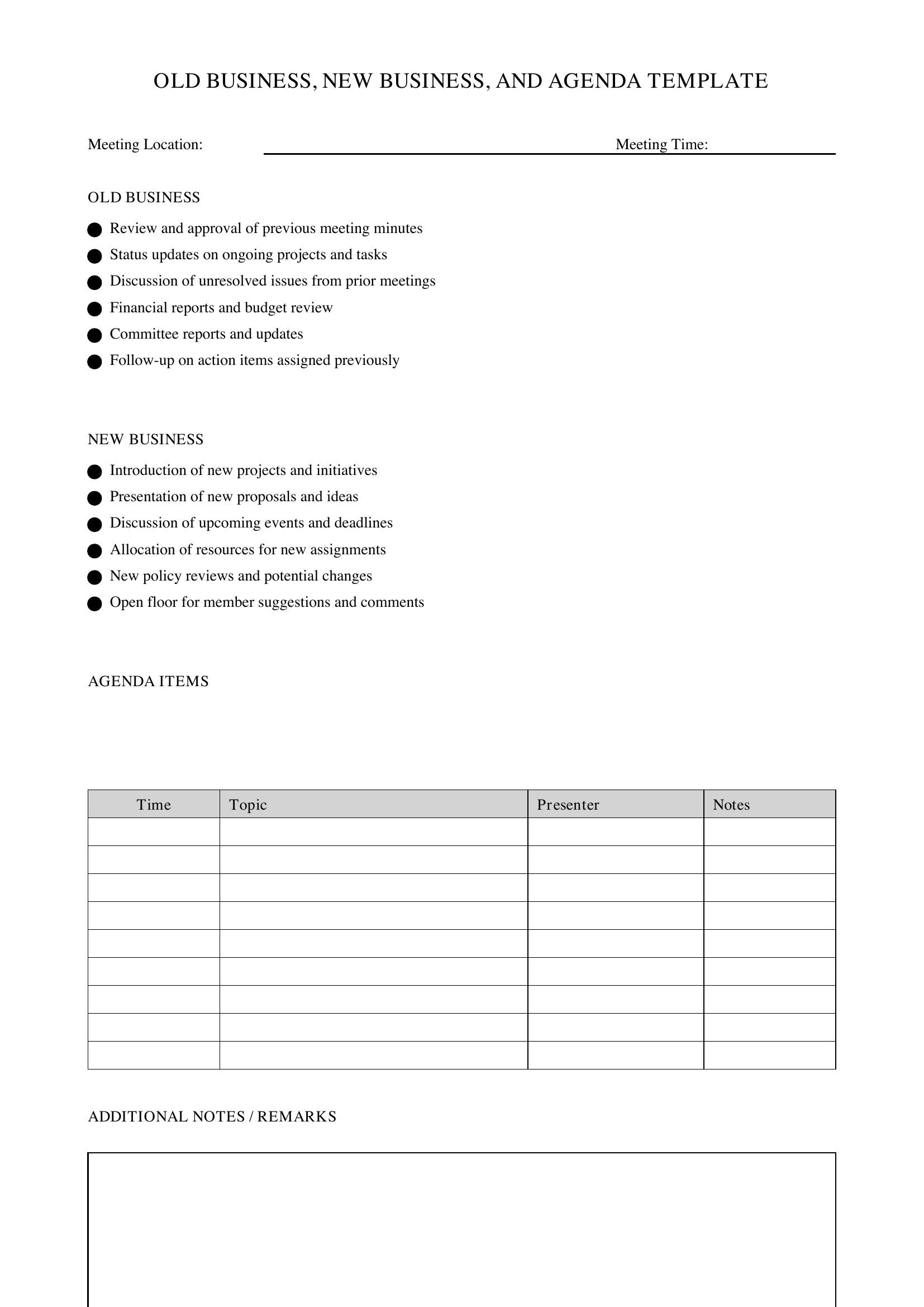 Old Business New Business Agenda Template