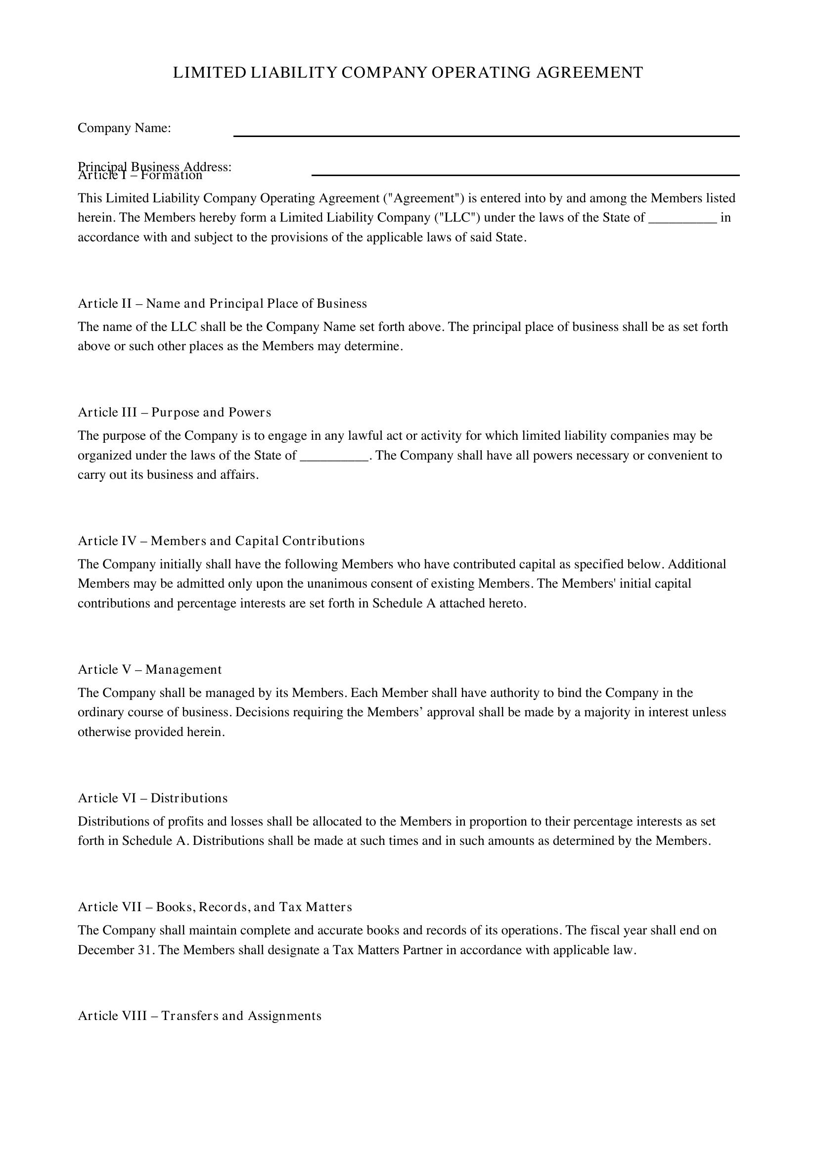 Operating Agreement Llc Template