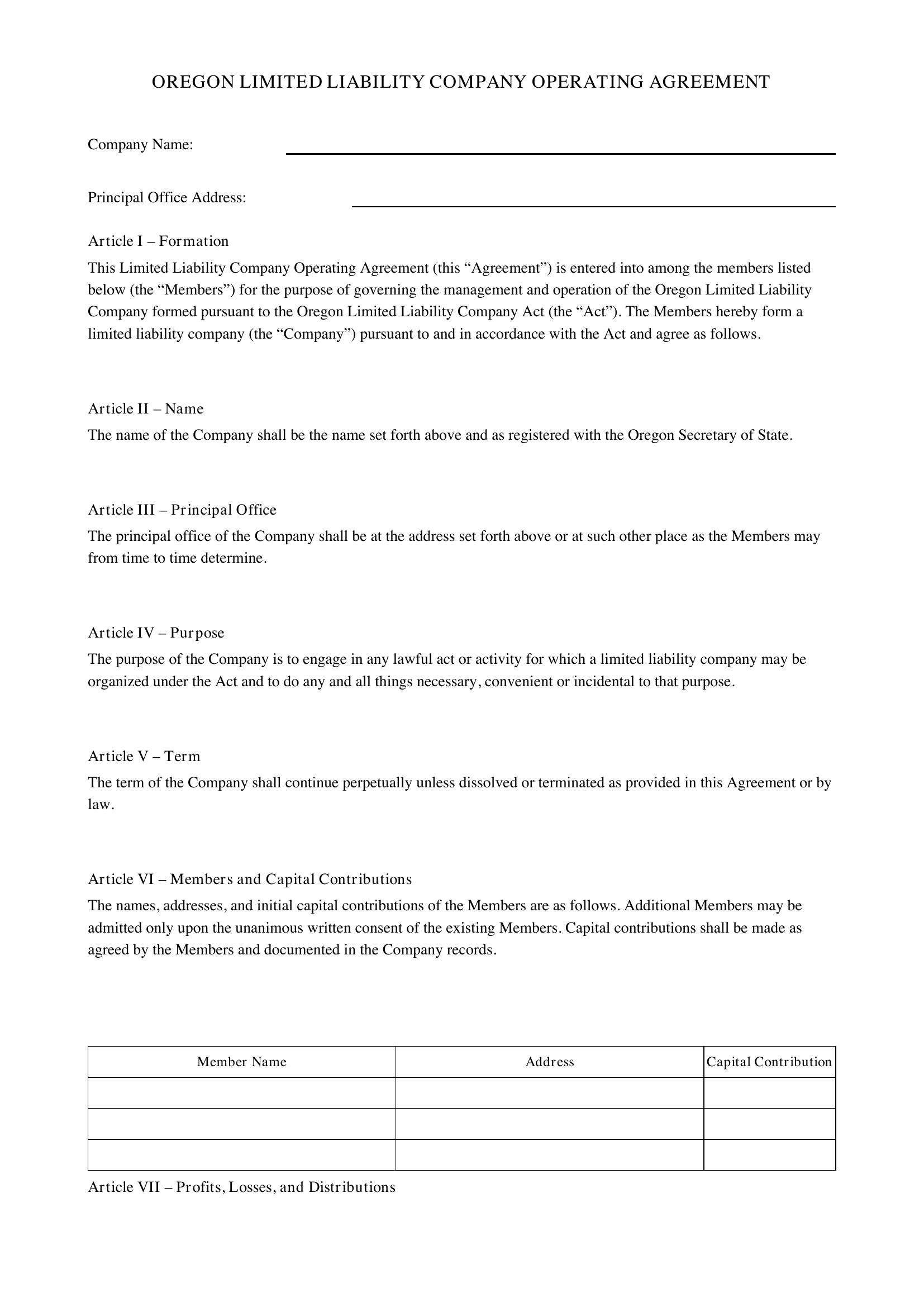 Oregon Llc Operating Agreement Template
