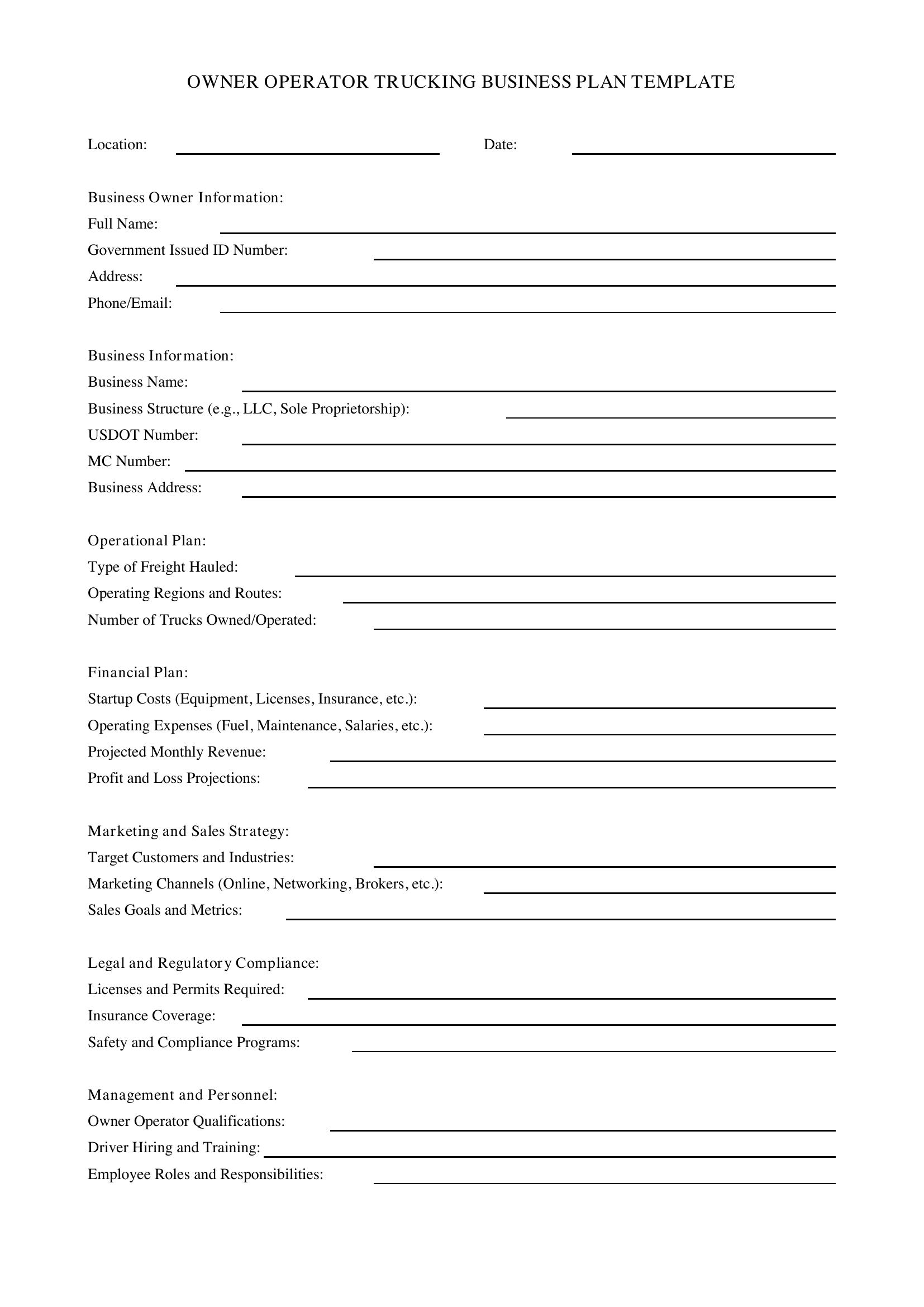 Owner Operator Trucking Business Plan Template