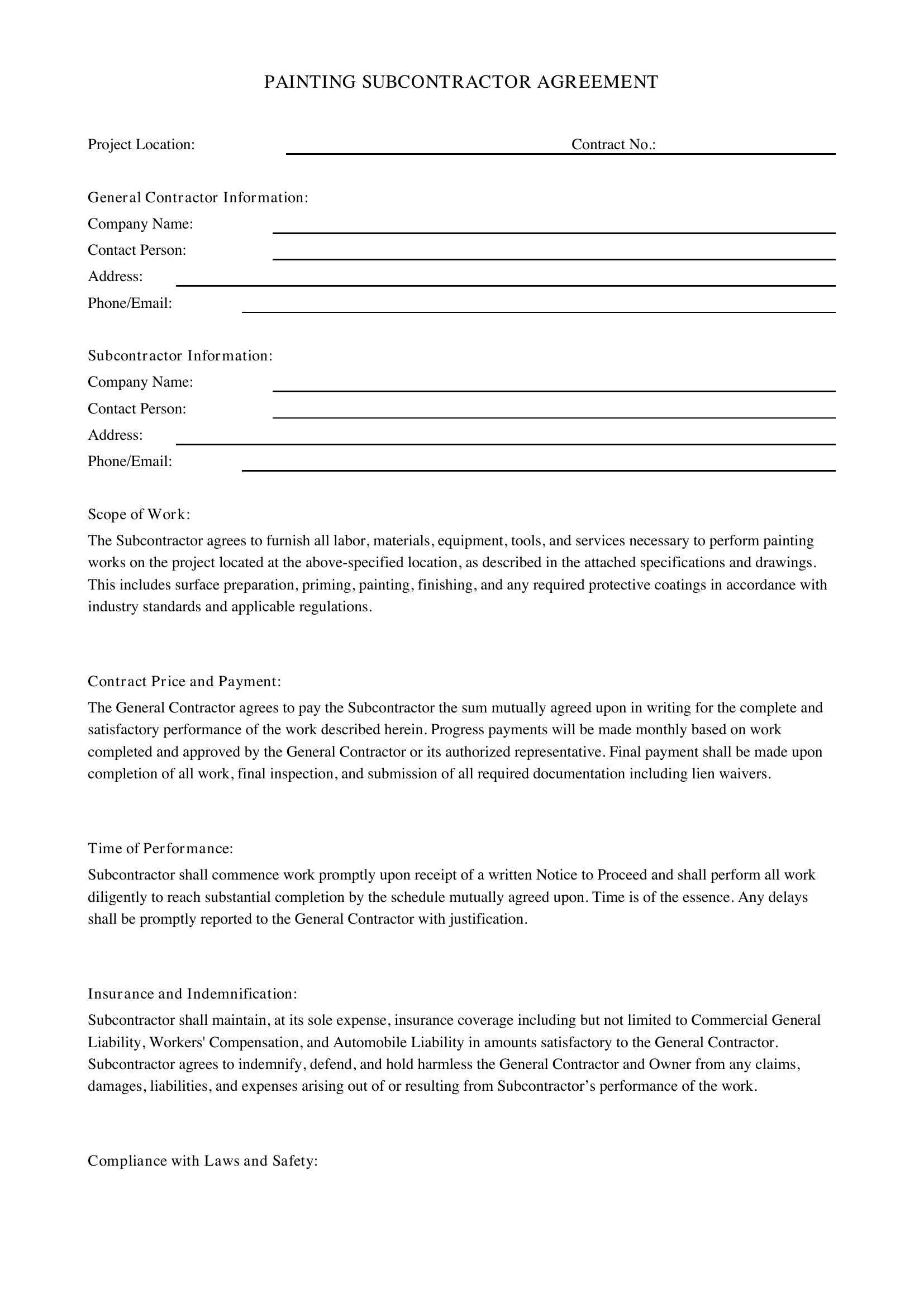 Painting Subcontractor Agreement Template