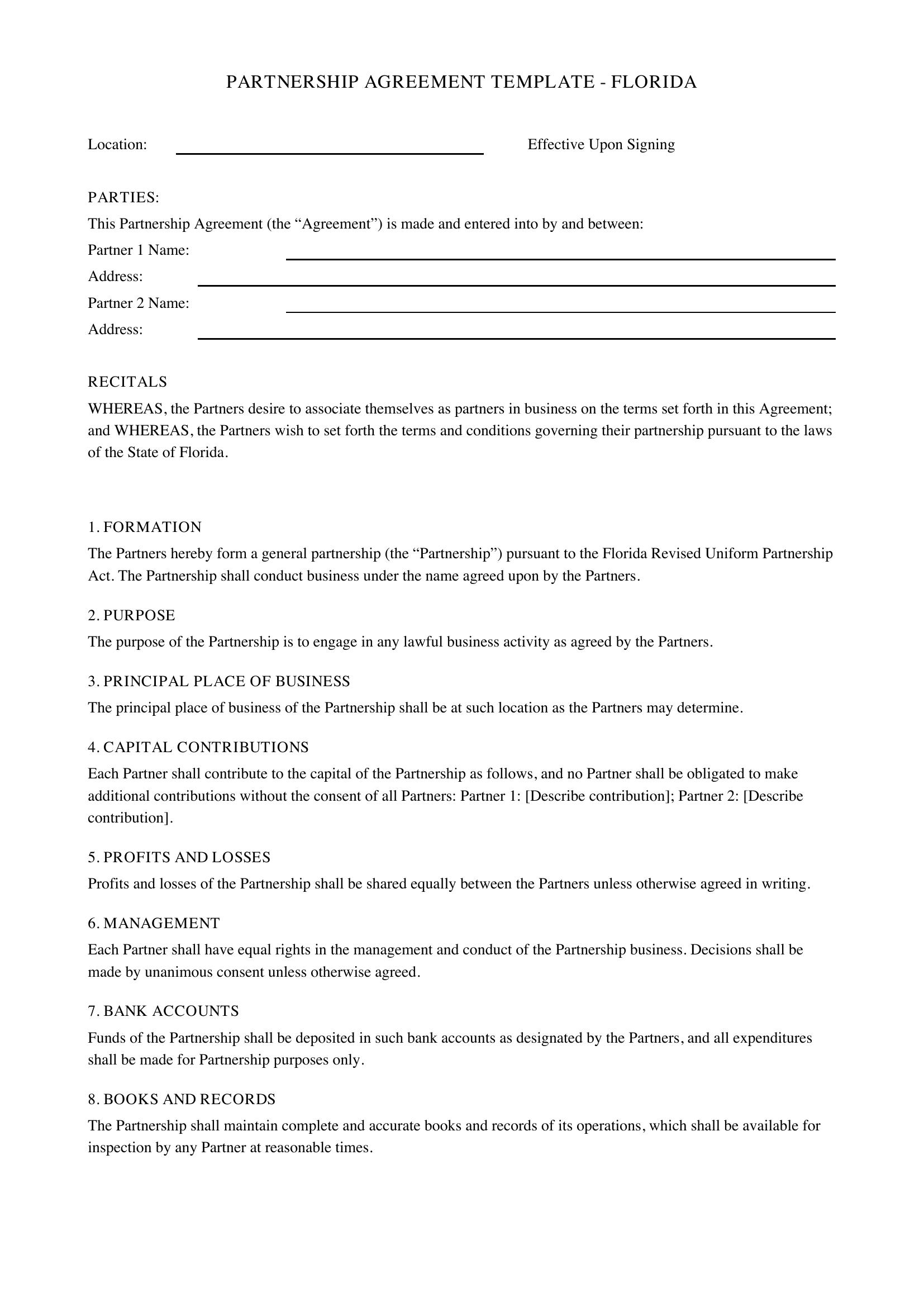 Partnership Agreement Template Florida