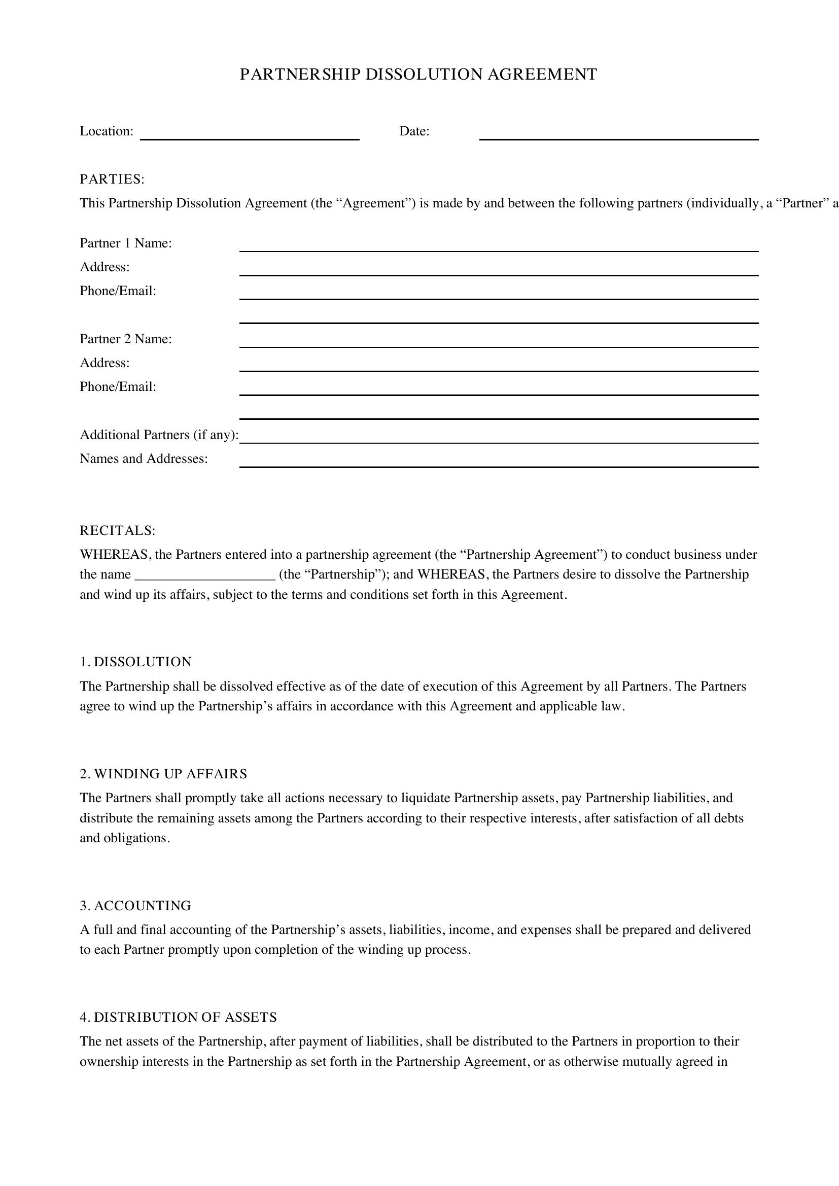 Partnership Dissolution Agreement Template