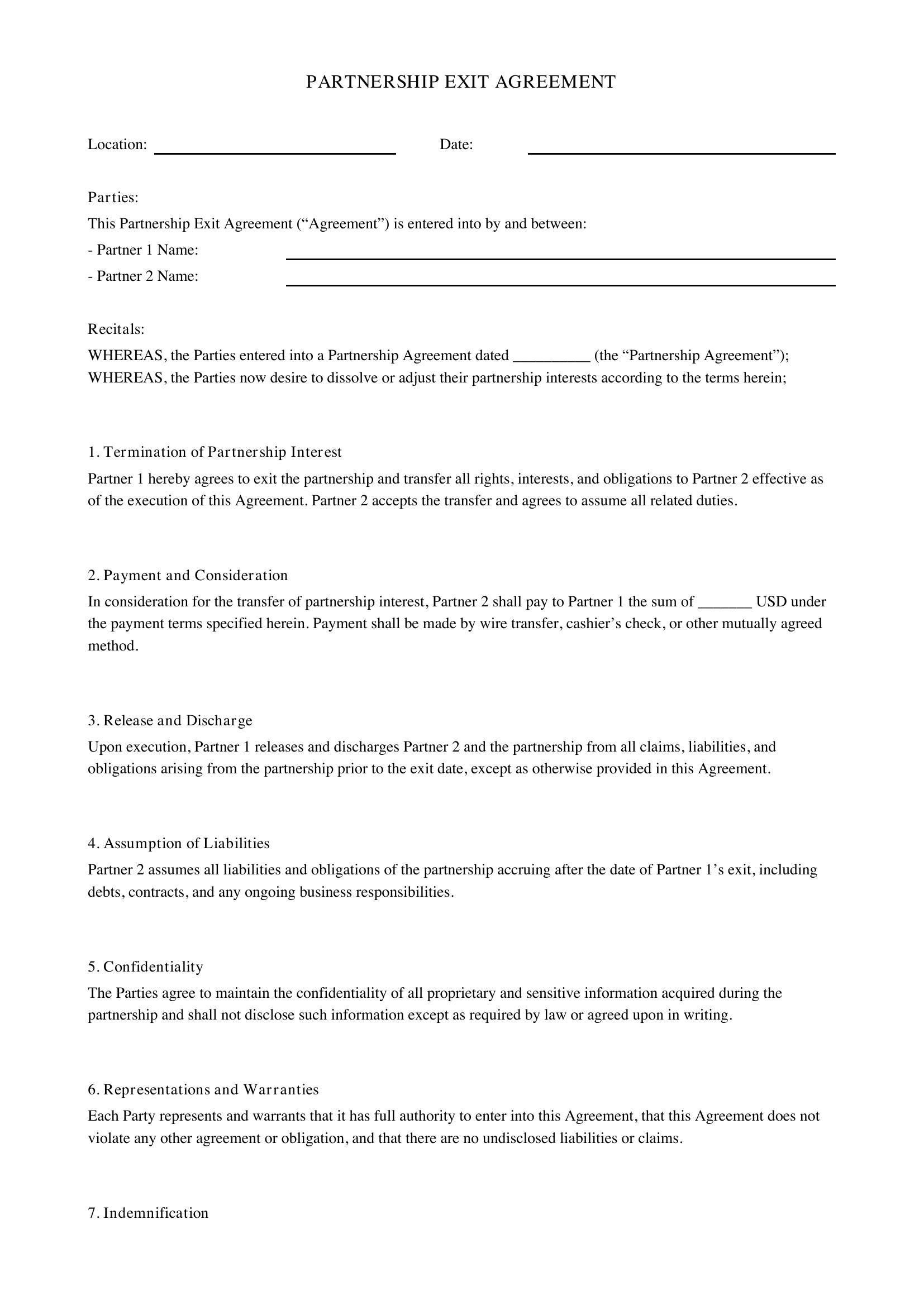 Partnership Exit Agreement Template