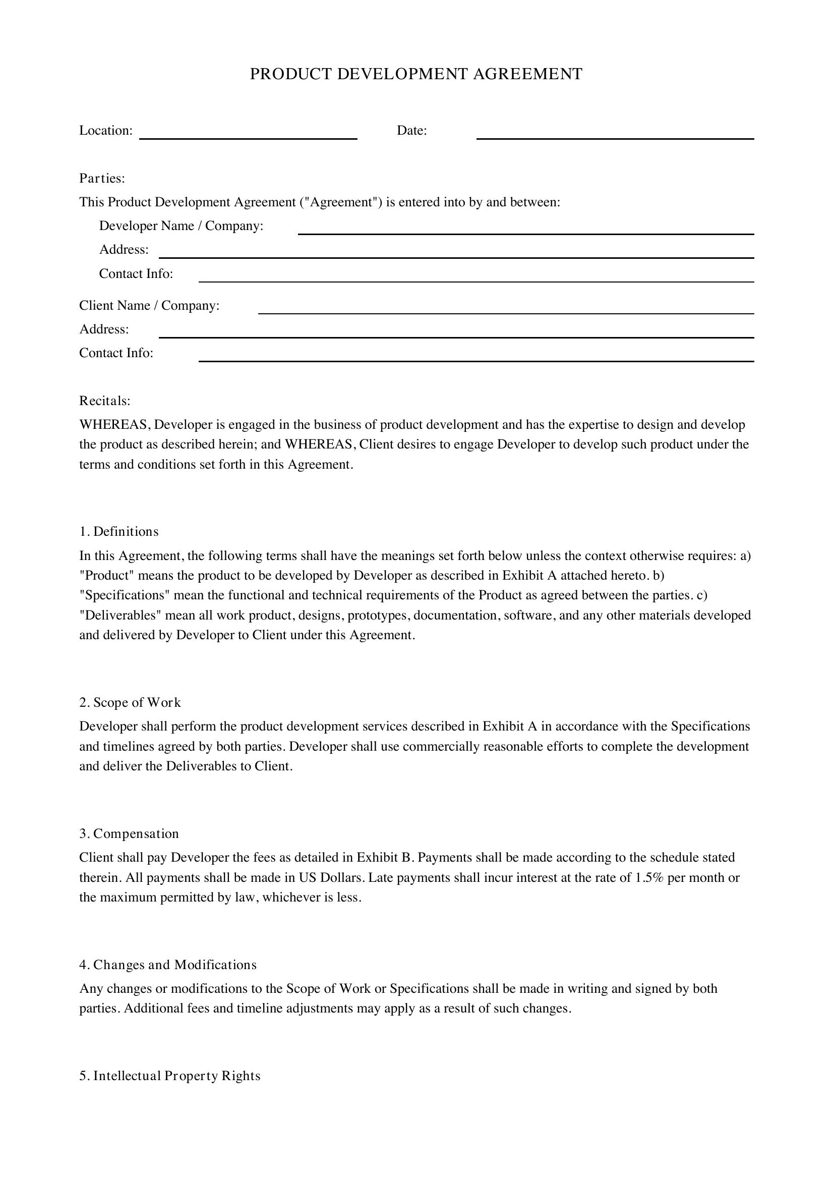 Product Development Agreement Template