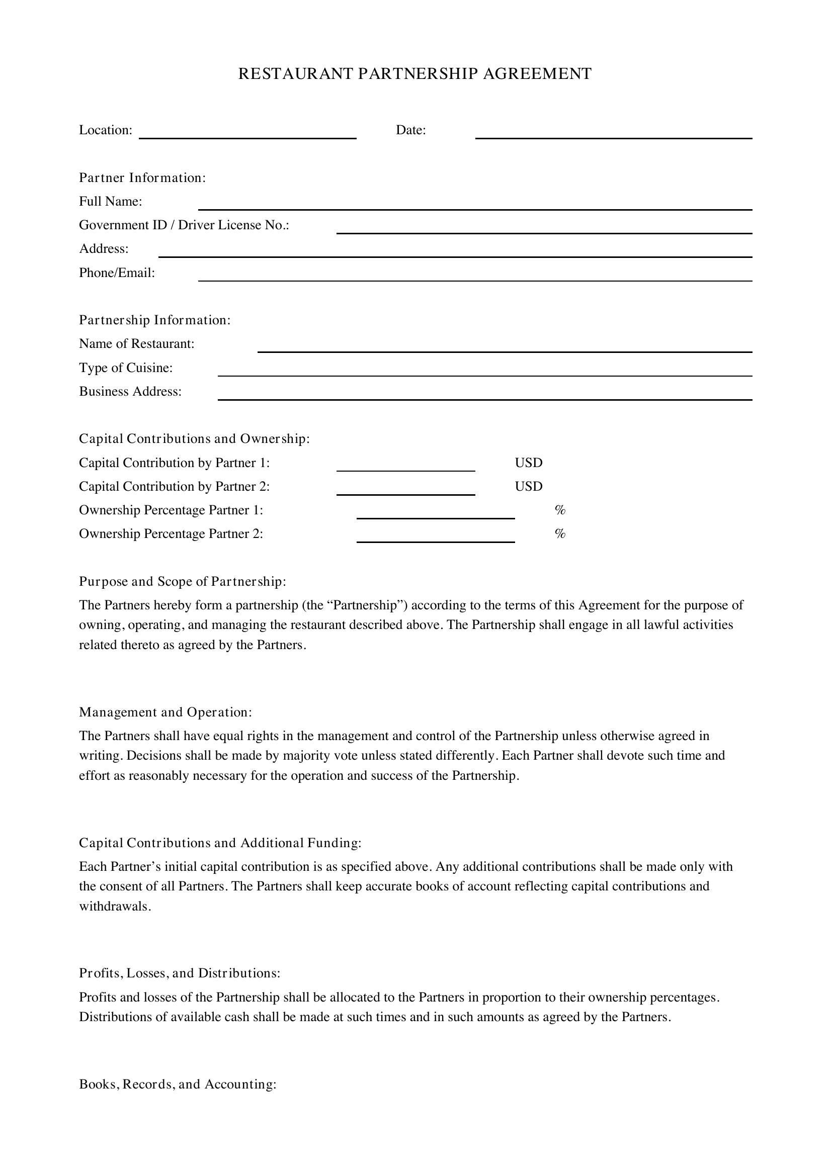 Restaurant Partnership Agreement Template
