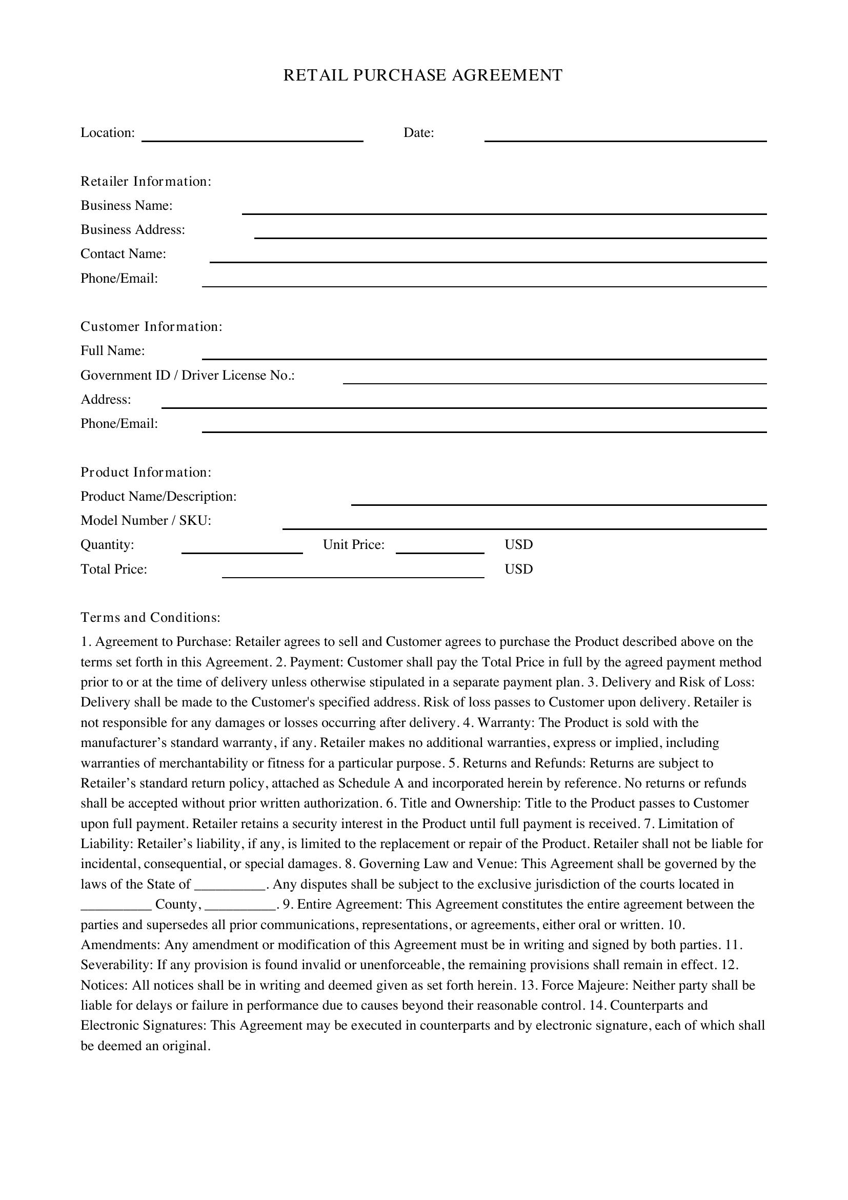 Retail Agreement Template