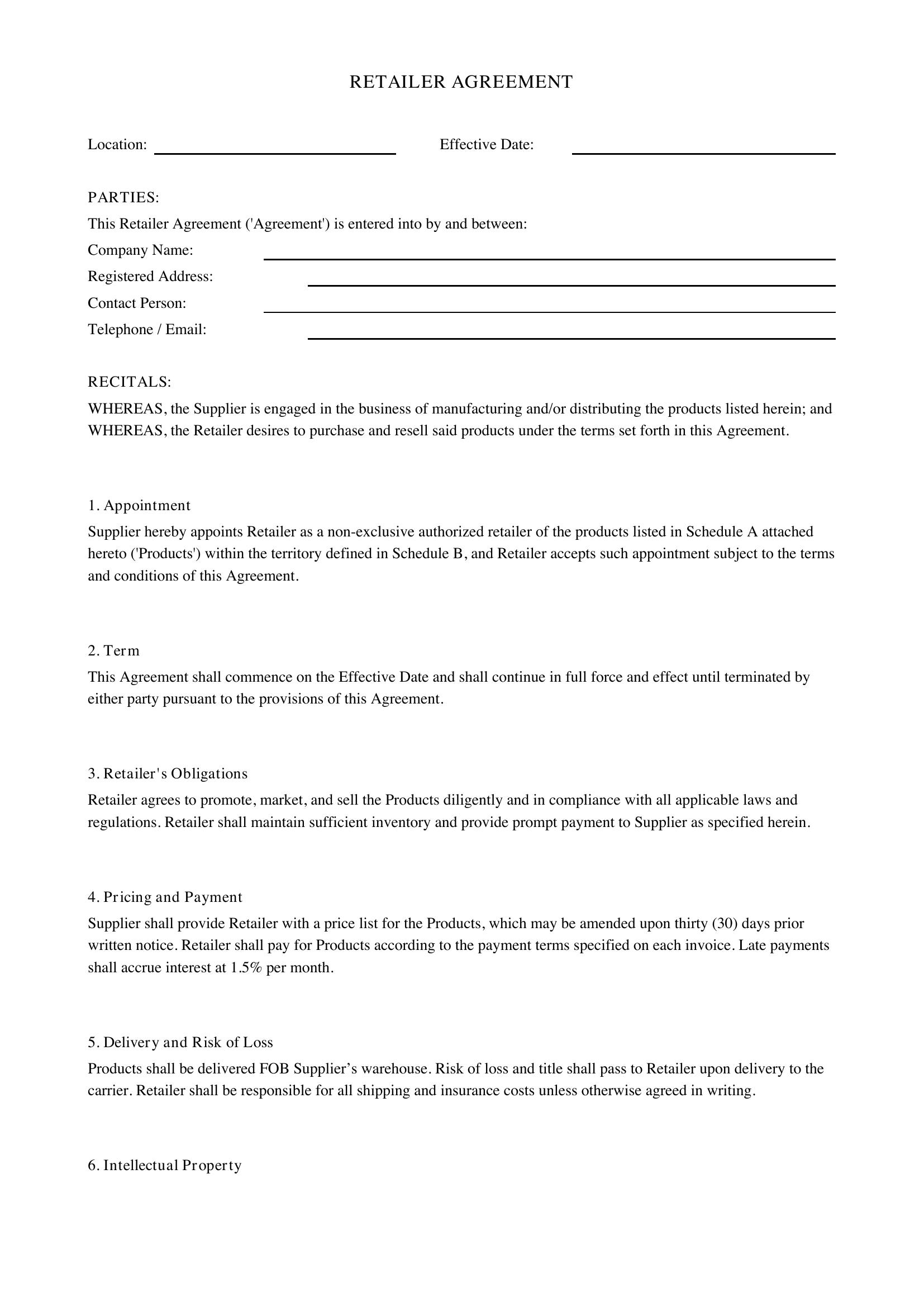 Retailer Agreement Template