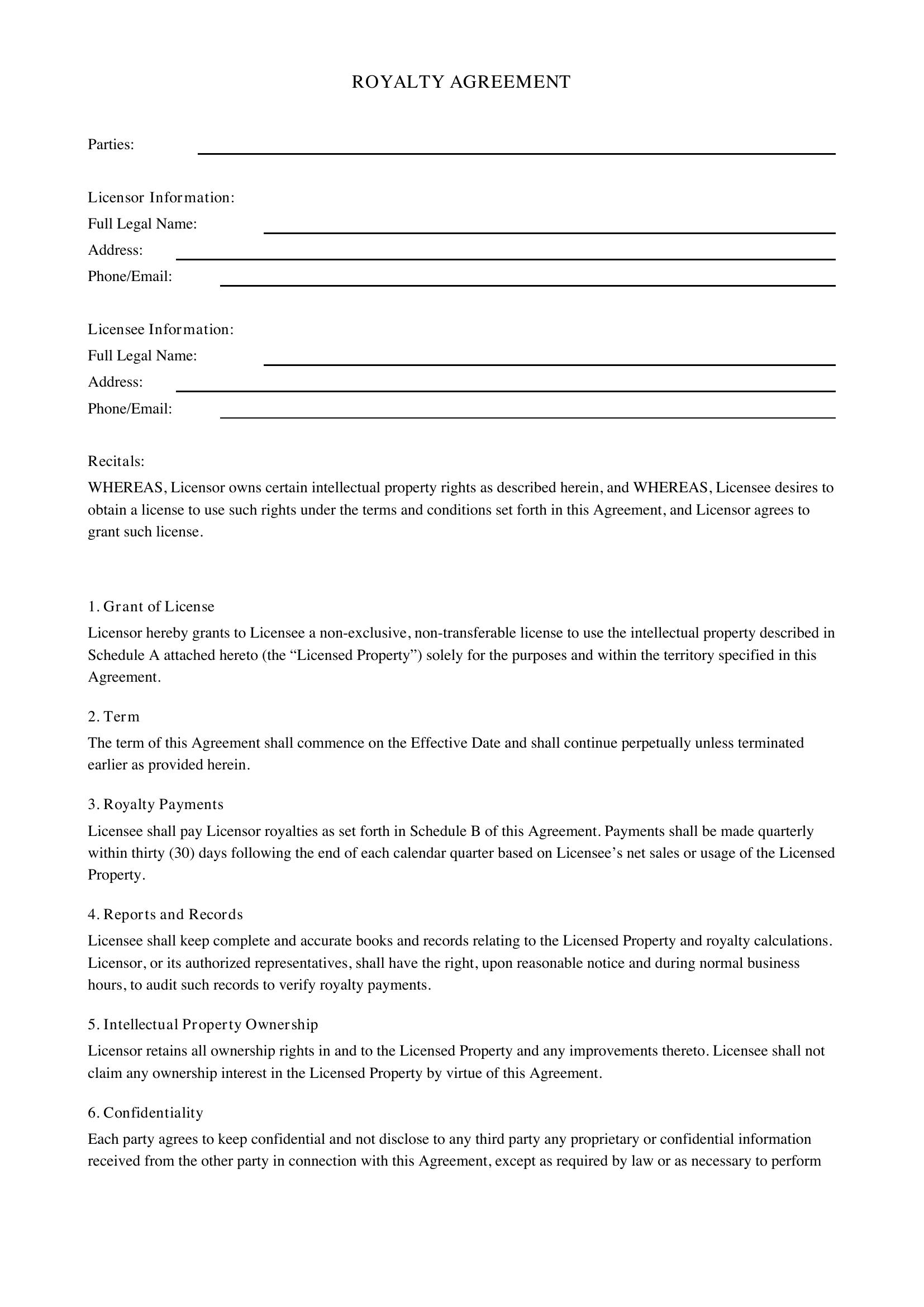 Royalty Agreement Template