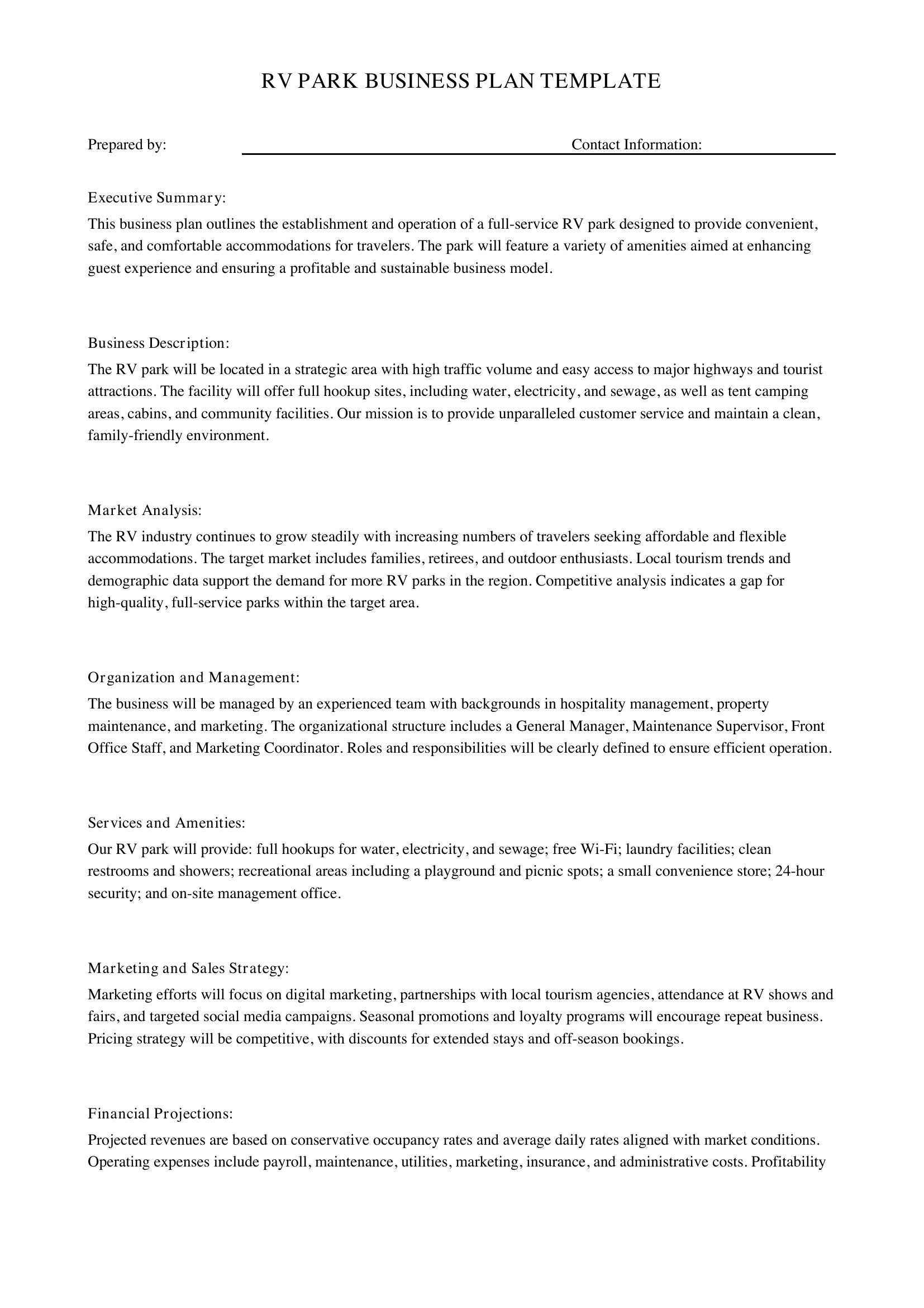Rv Park Business Plan Template
