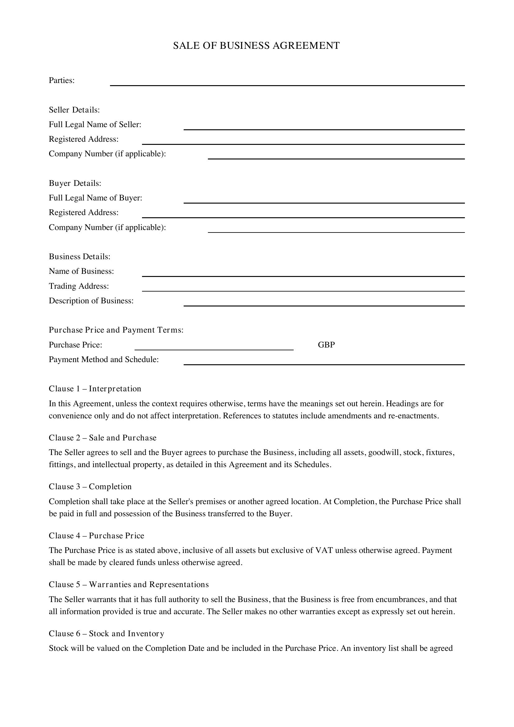 Sale Of Business Agreement Template Uk