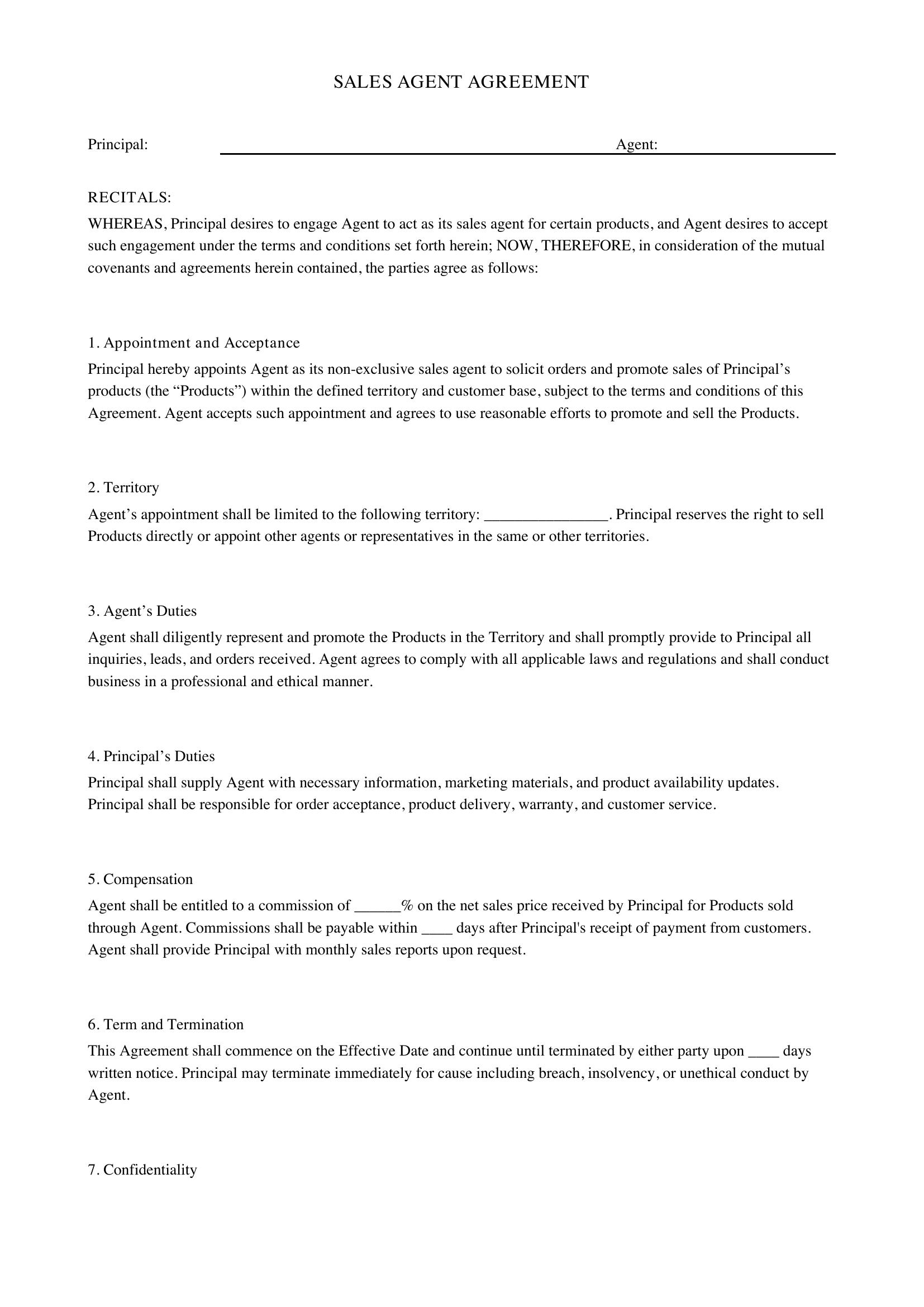 Sales Agent Agreement Template