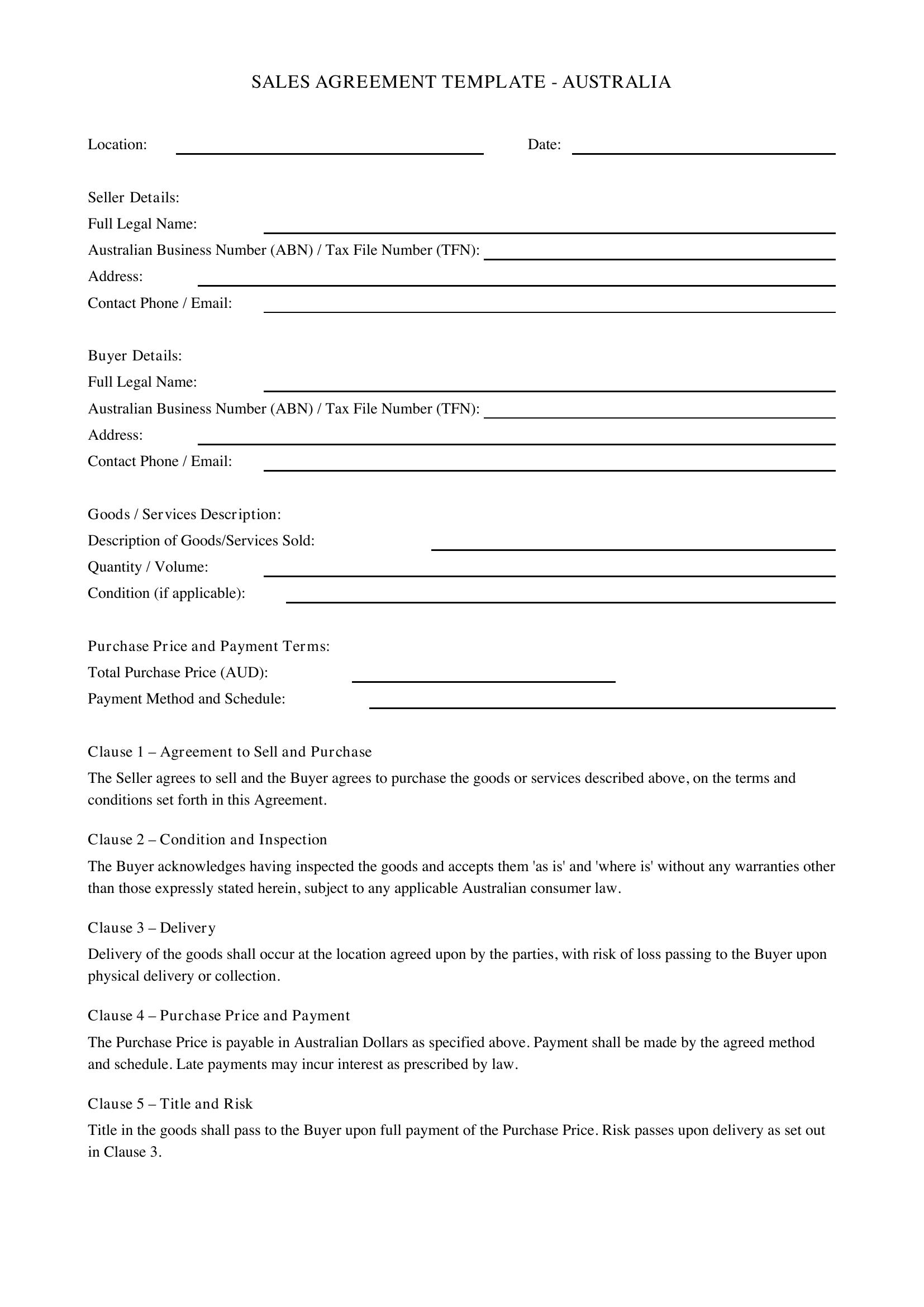 Sales Agreement Template Australia