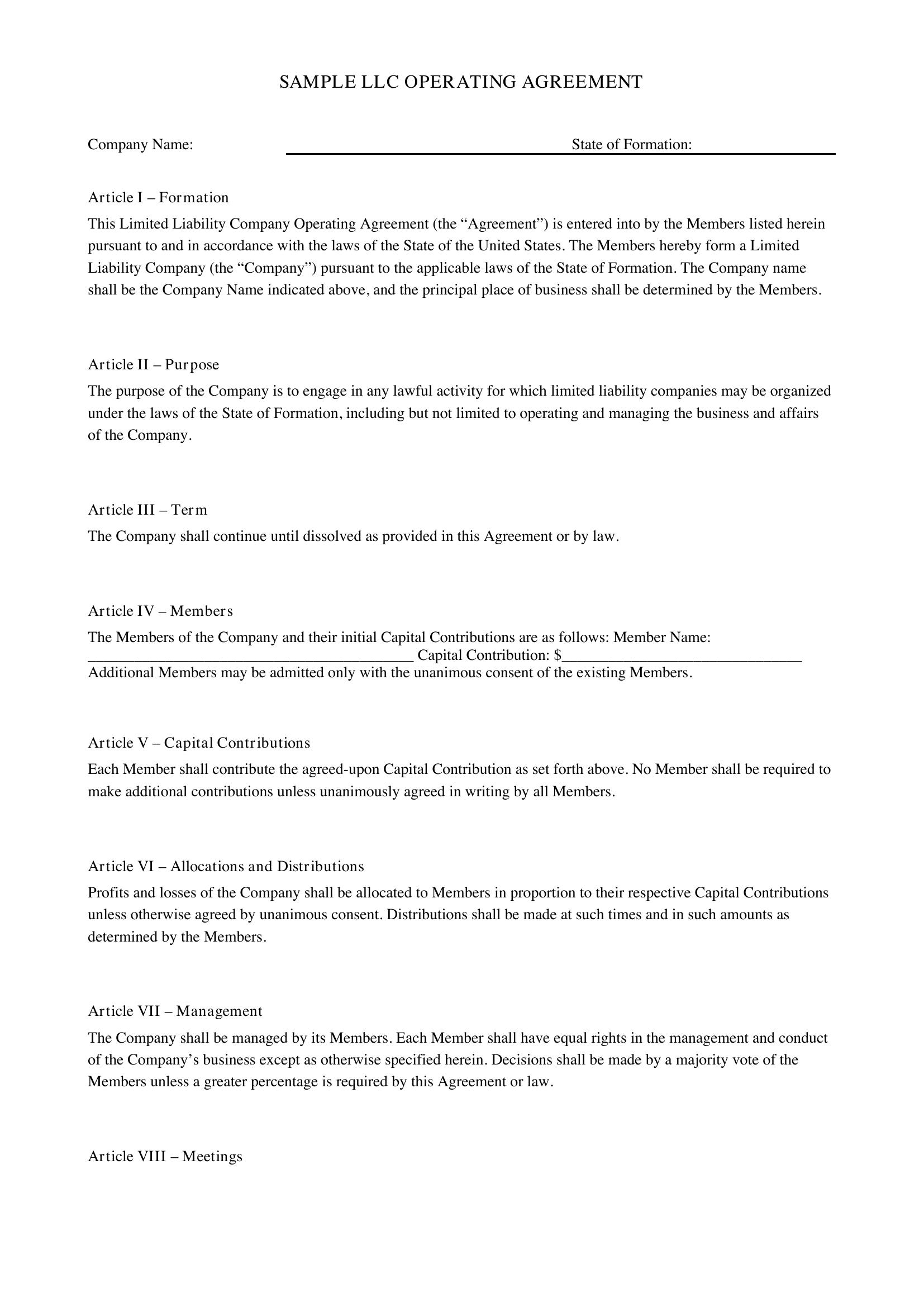 Sample Llc Operating Agreement Template