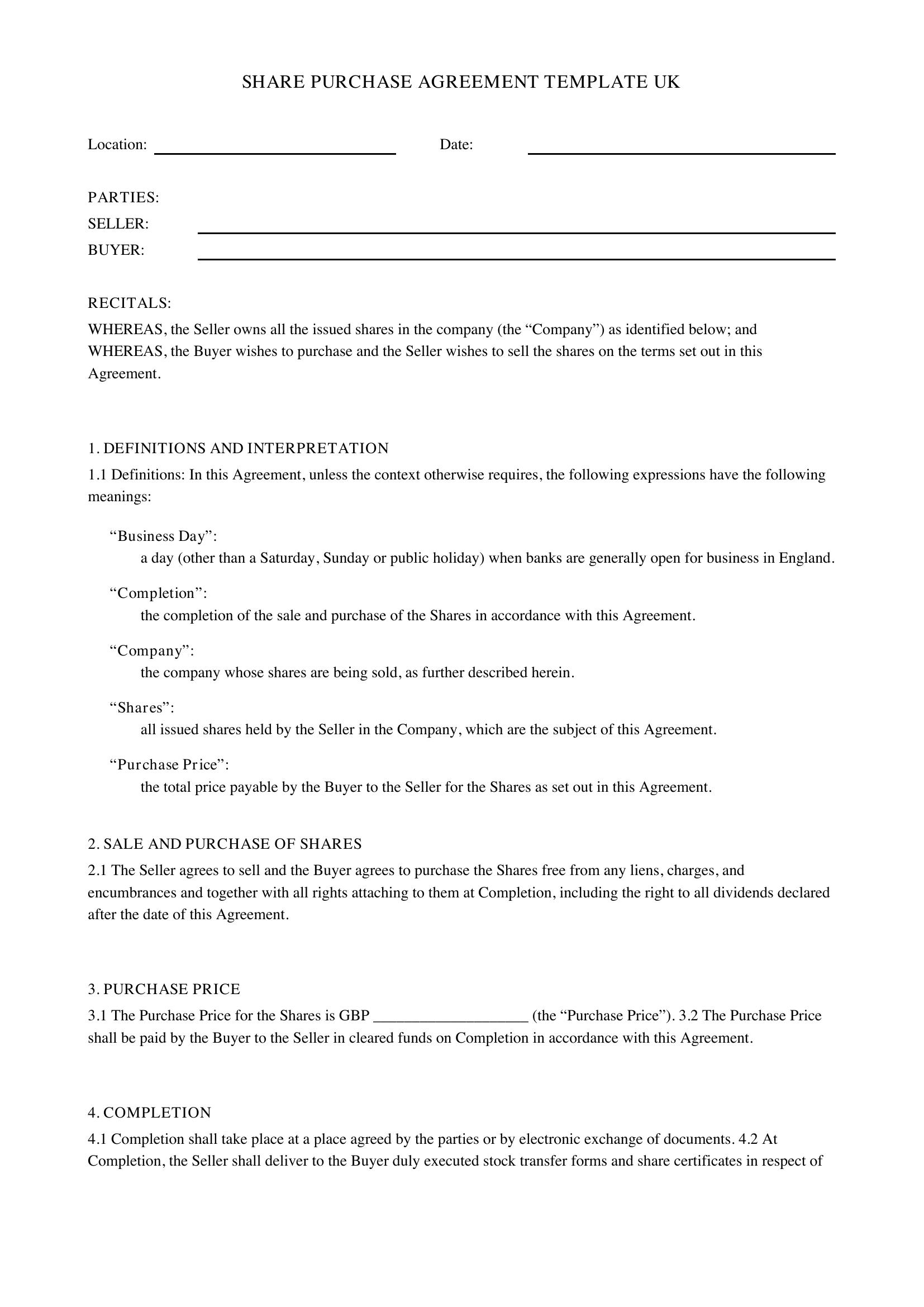 Share Purchase Agreement Template Uk
