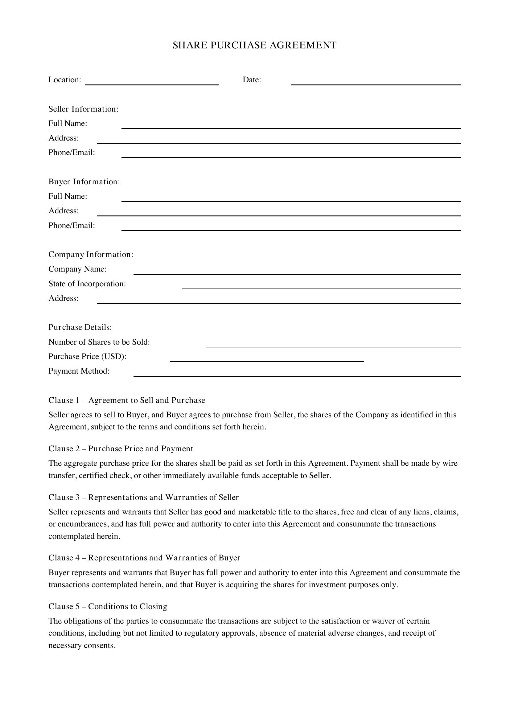 Share Purchase Agreement Template