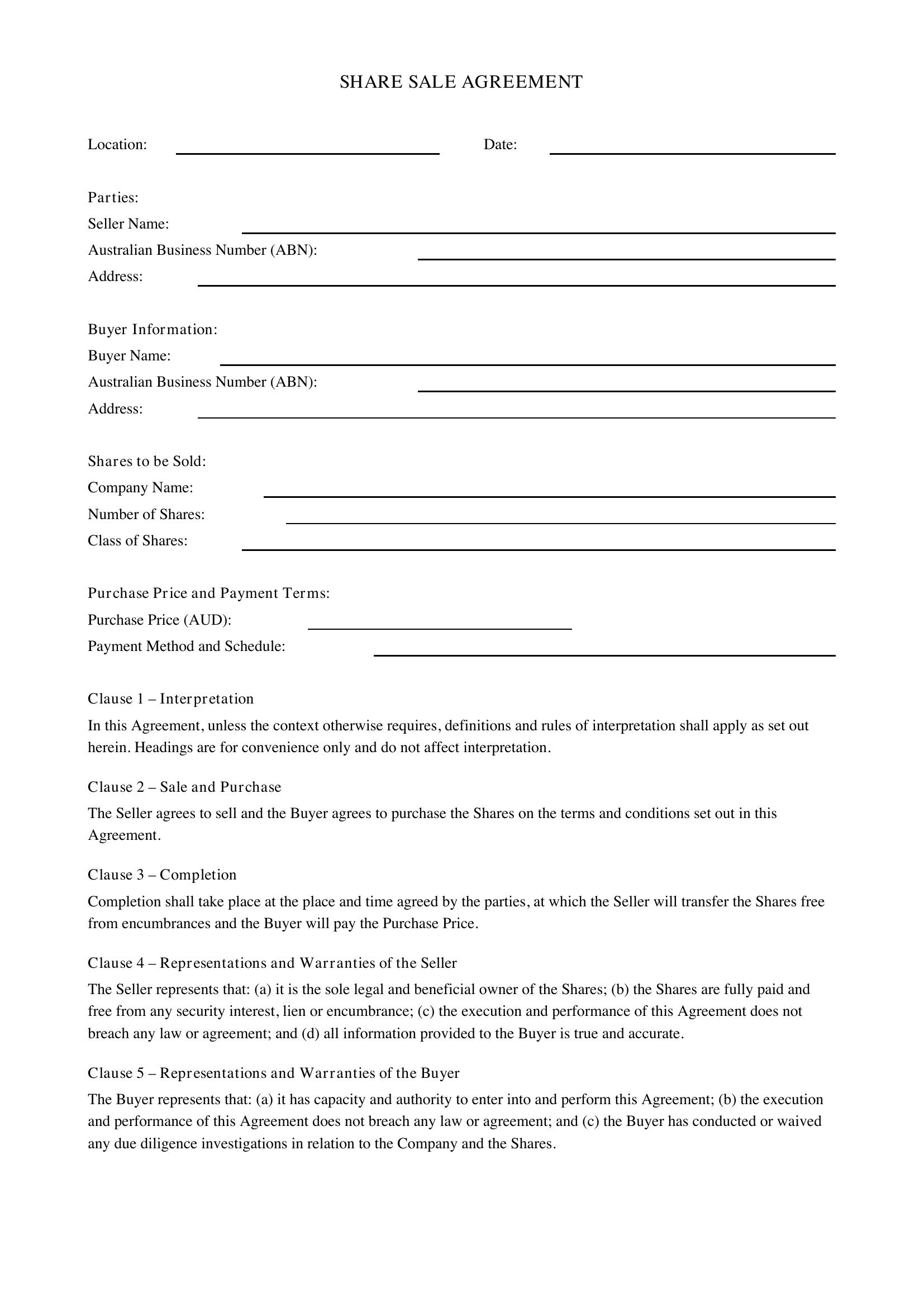 Share Sale Agreement Template Australia