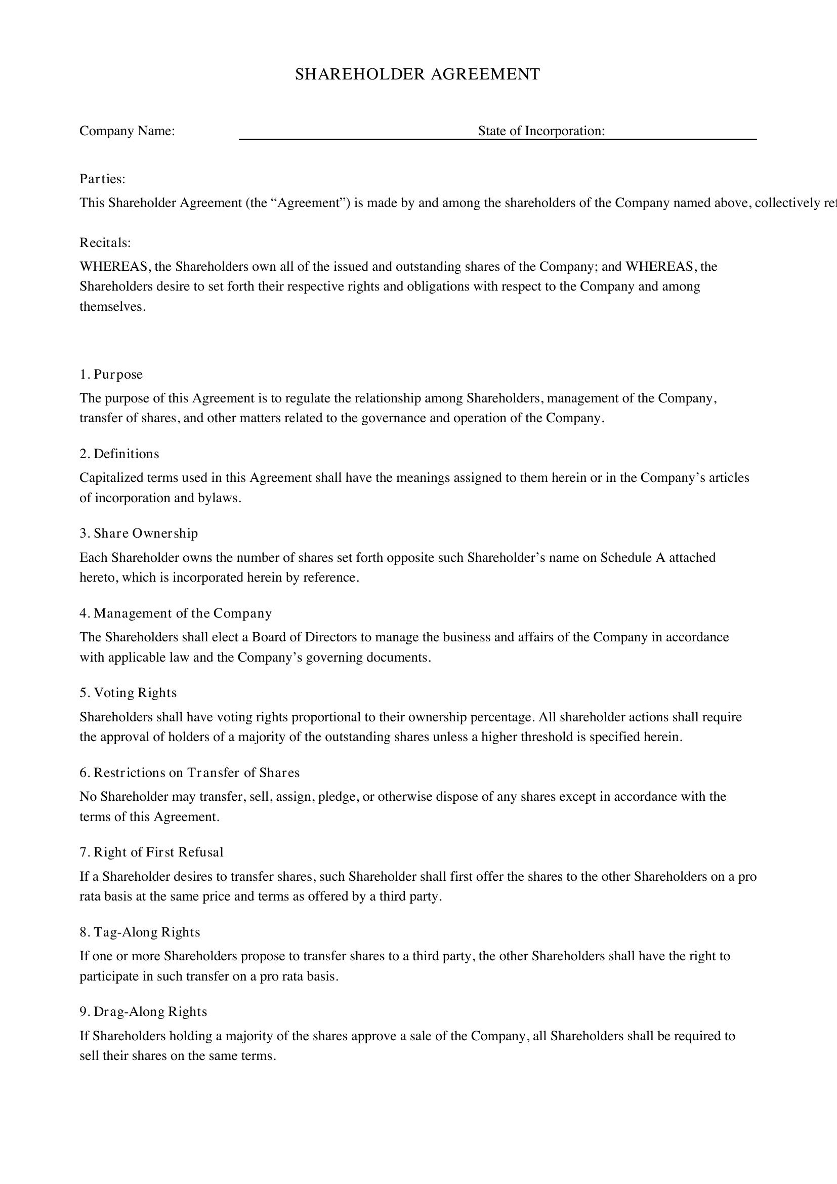 Shareholder Agreement Template